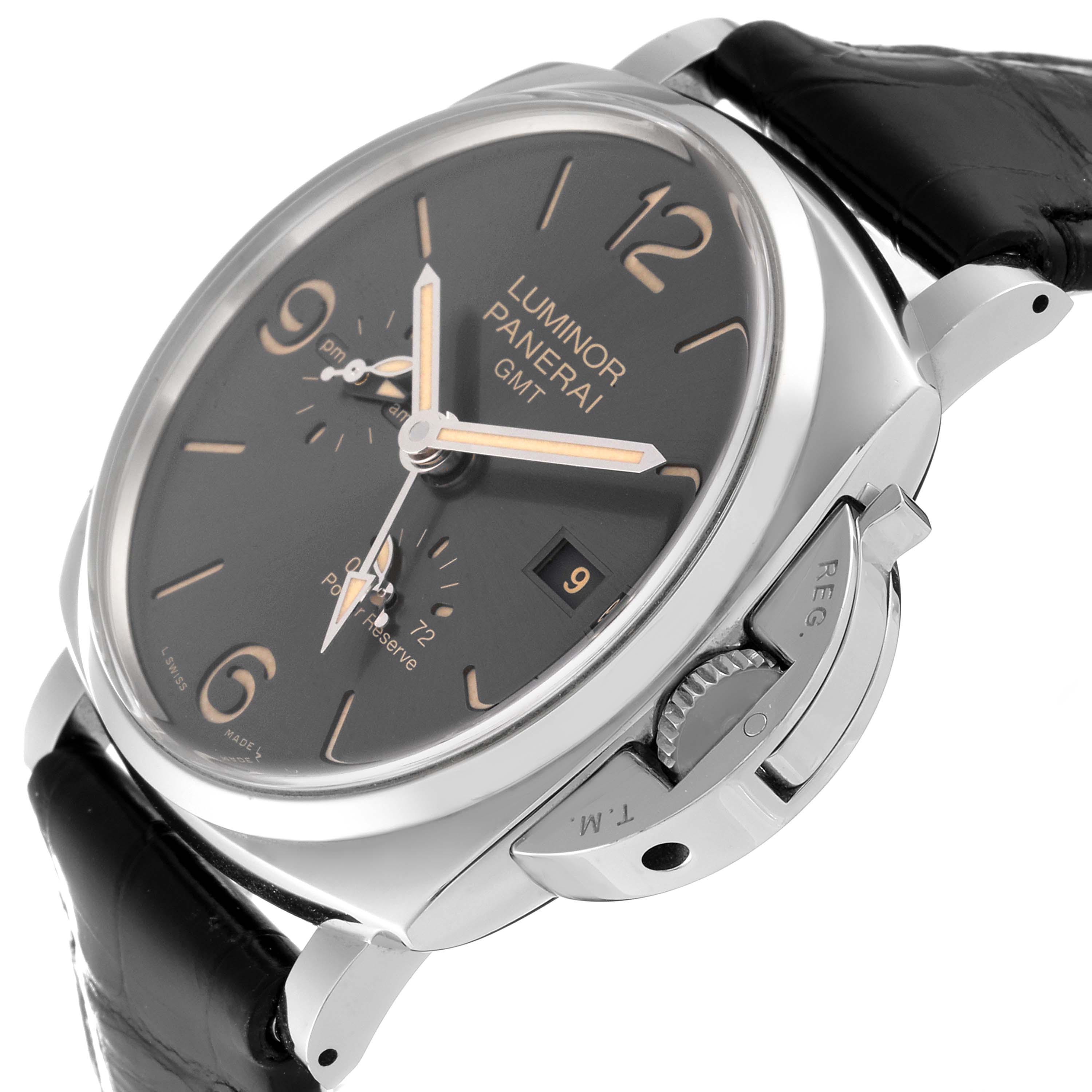 This image shows a side-angle view of the Panerai Luminor Due PAM00944 Men's Stainless Steel Black Dial PAM00944 Men's Stainless Steel Black Dial watch, highlighting the case, crown guard, and part of the strap.