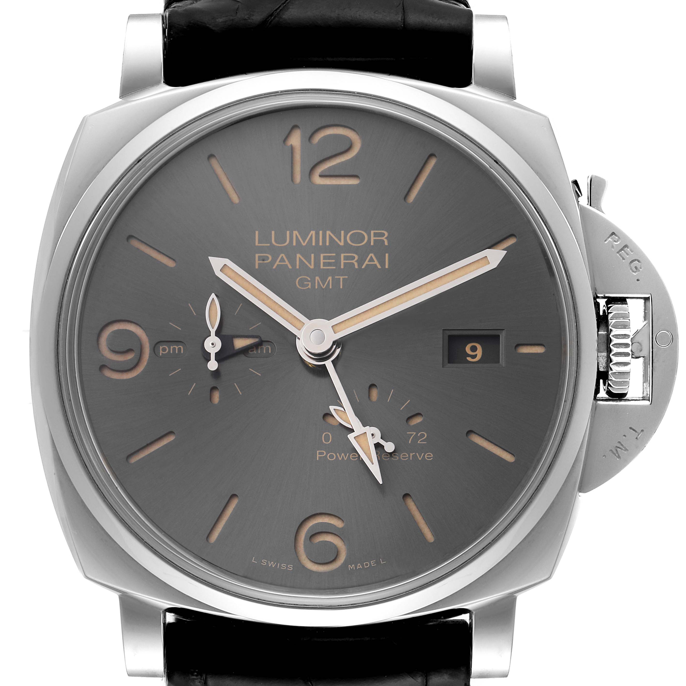 Front view of the Panerai Luminor Due PAM00944 Men's Stainless Steel Black Dial PAM00944 Men's Stainless Steel Black Dial model, showcasing the watch face, crown guard, and leather strap.