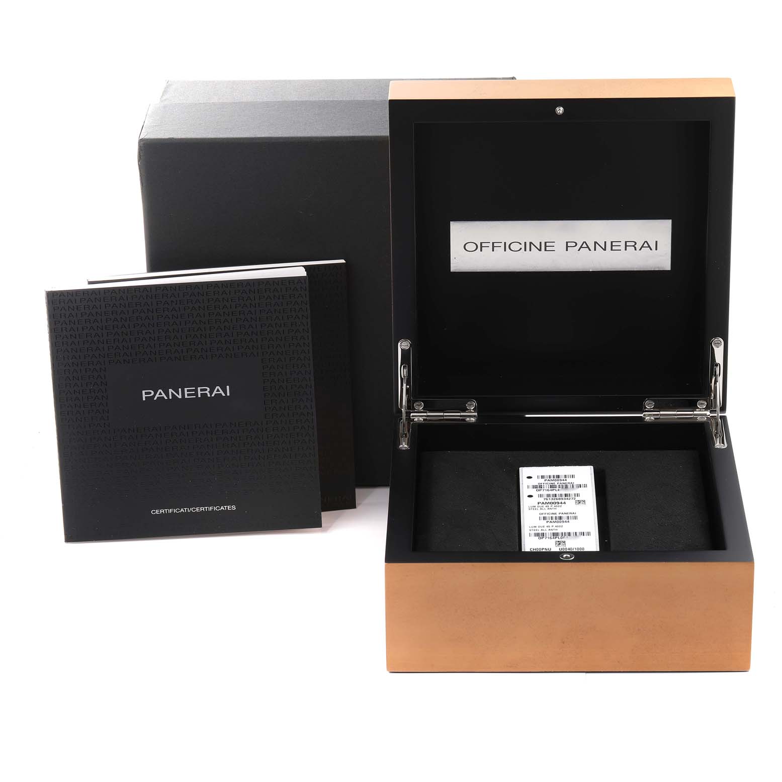 The image shows an opened Panerai Luminor Due PAM00944 Men's Stainless Steel Black Dial PAM00944 Men's Stainless Steel Black Dial watch box, outer packaging, and certificates.