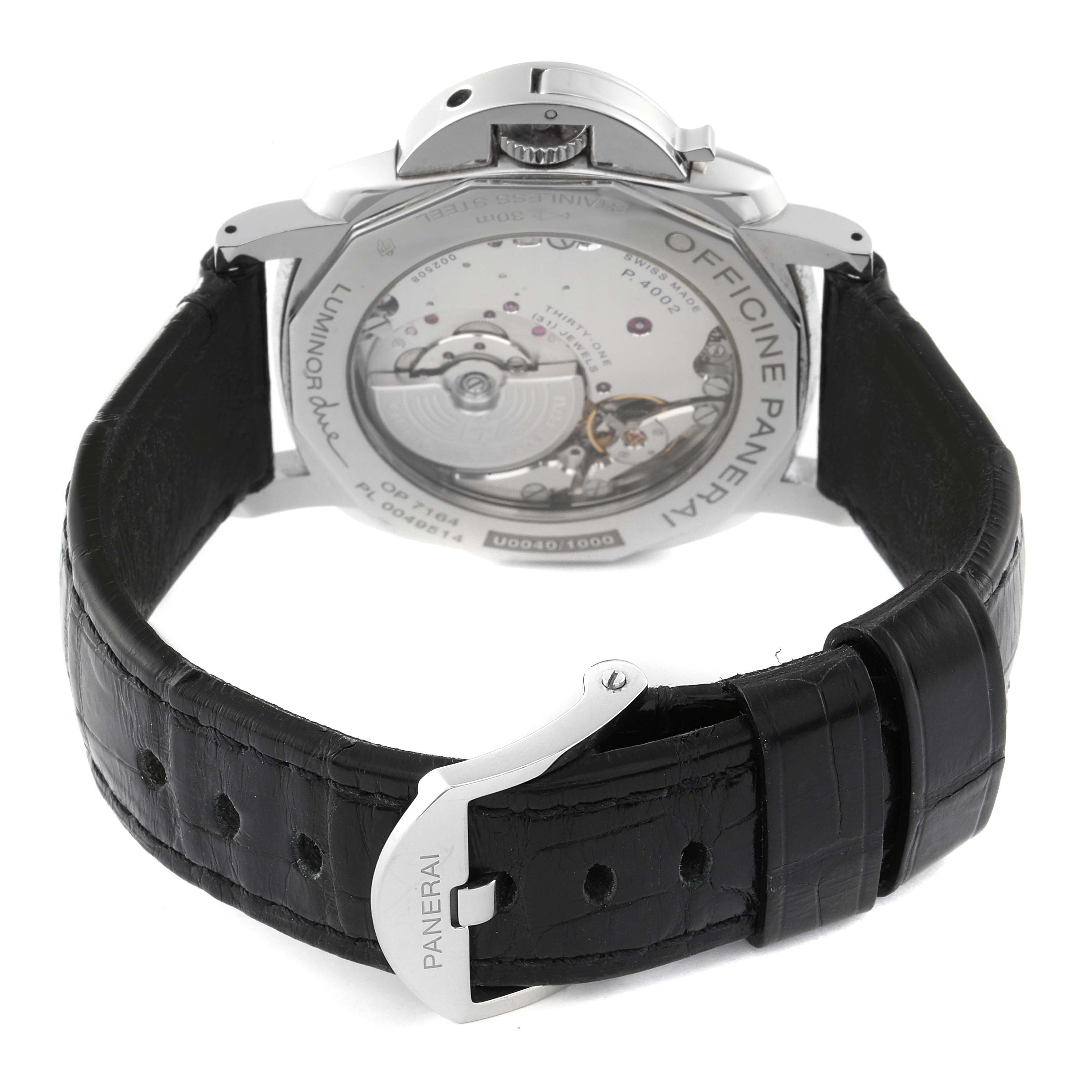 This image shows the back and clasp of the Panerai Luminor Due PAM00944 Men's Stainless Steel Black Dial PAM00944 Men's Stainless Steel Black Dial watch, revealing its transparent caseback and black leather strap.