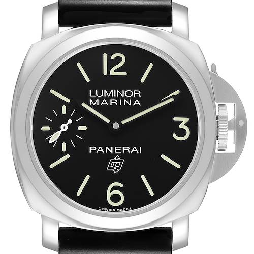 The Panerai Luminor PAM00776 Men's Stainless Steel Black Dial watch is shown from the front, highlighting the dial, hands, and crown guard.