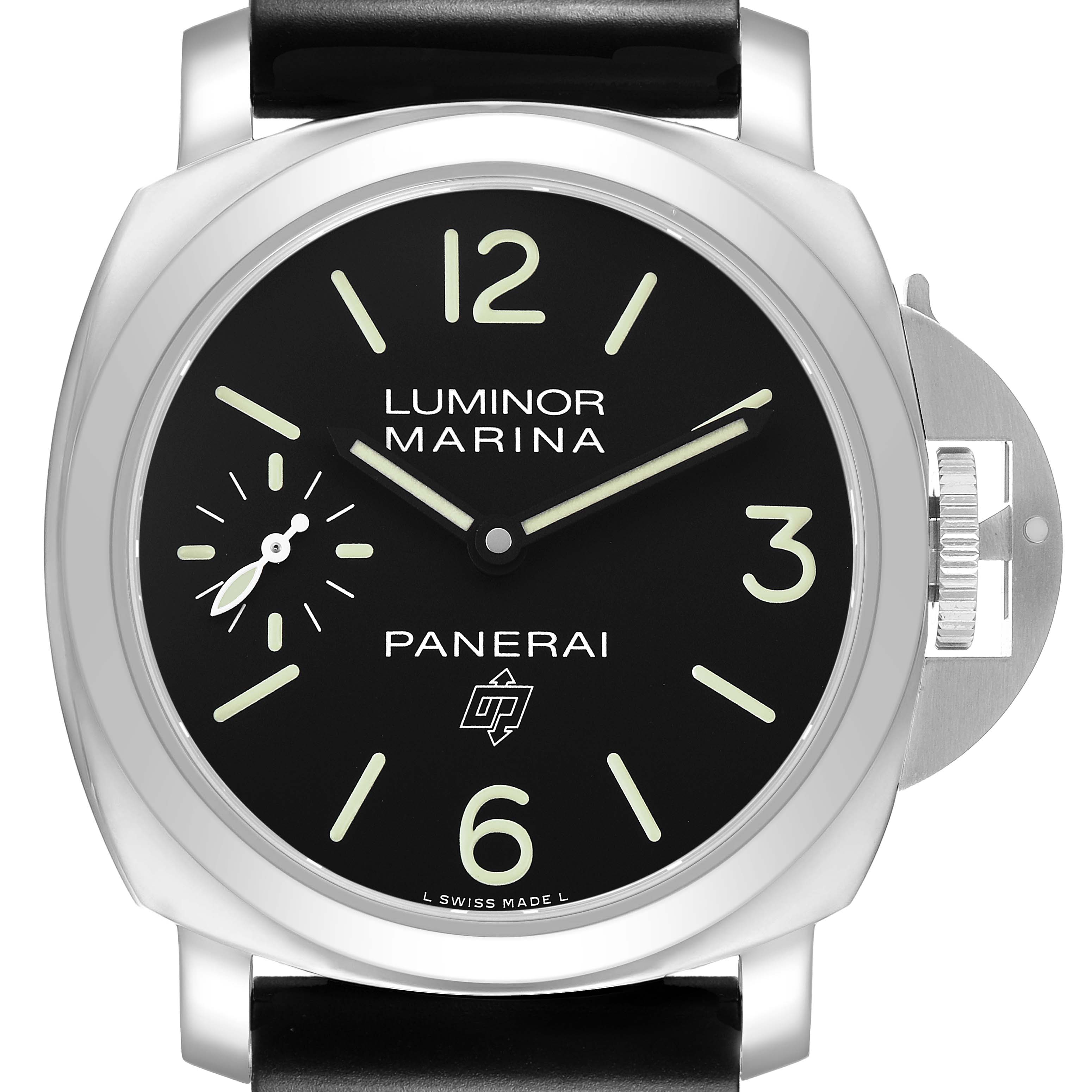 The Panerai Luminor PAM00776 Men's Stainless Steel Black Dial watch is shown from a front view, displaying the face, numerals, and crown guard.