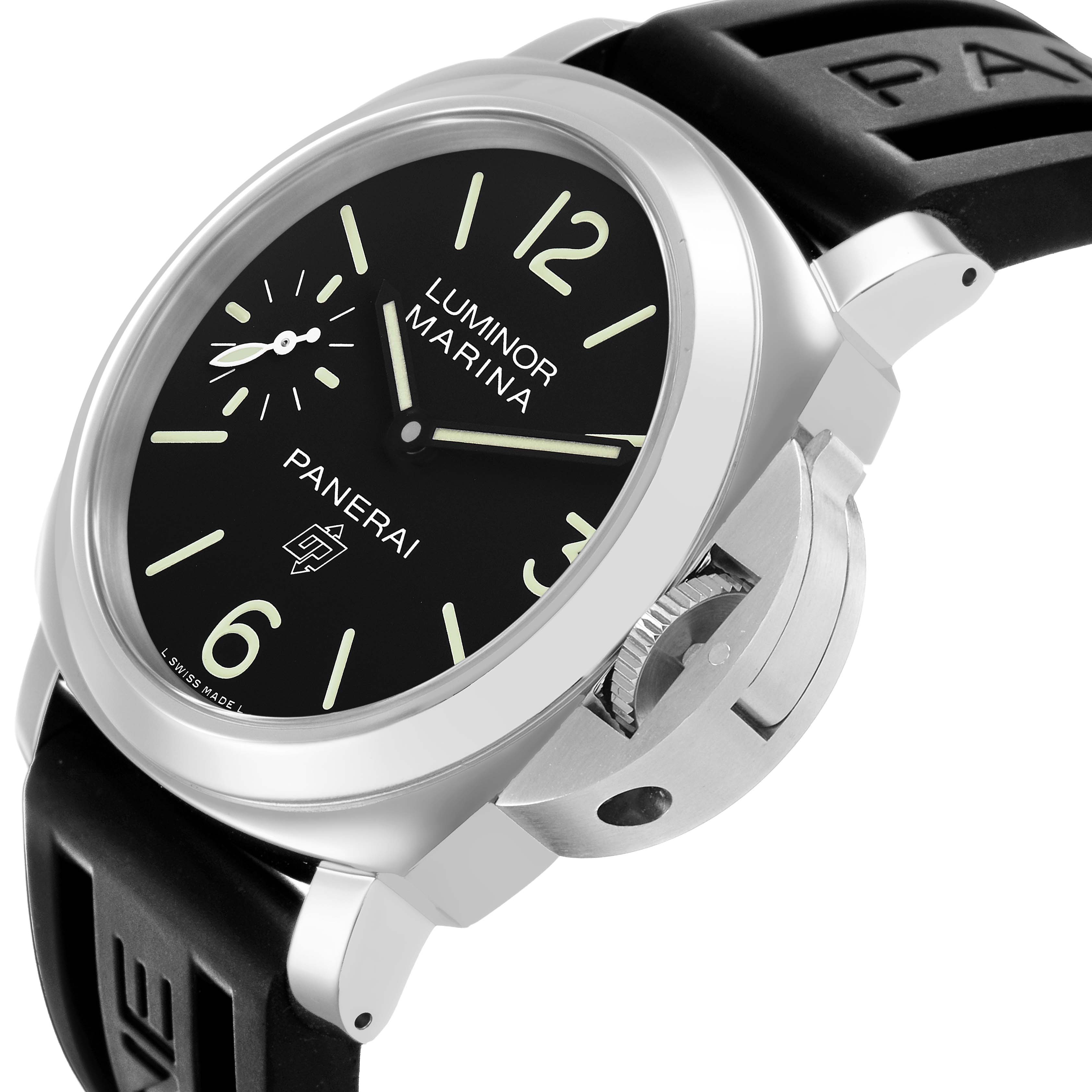 The Panerai Luminor PAM00776 Men's Stainless Steel Black Dial watch is shown at an angled view, highlighting the crown guard, black dial, and rubber strap.