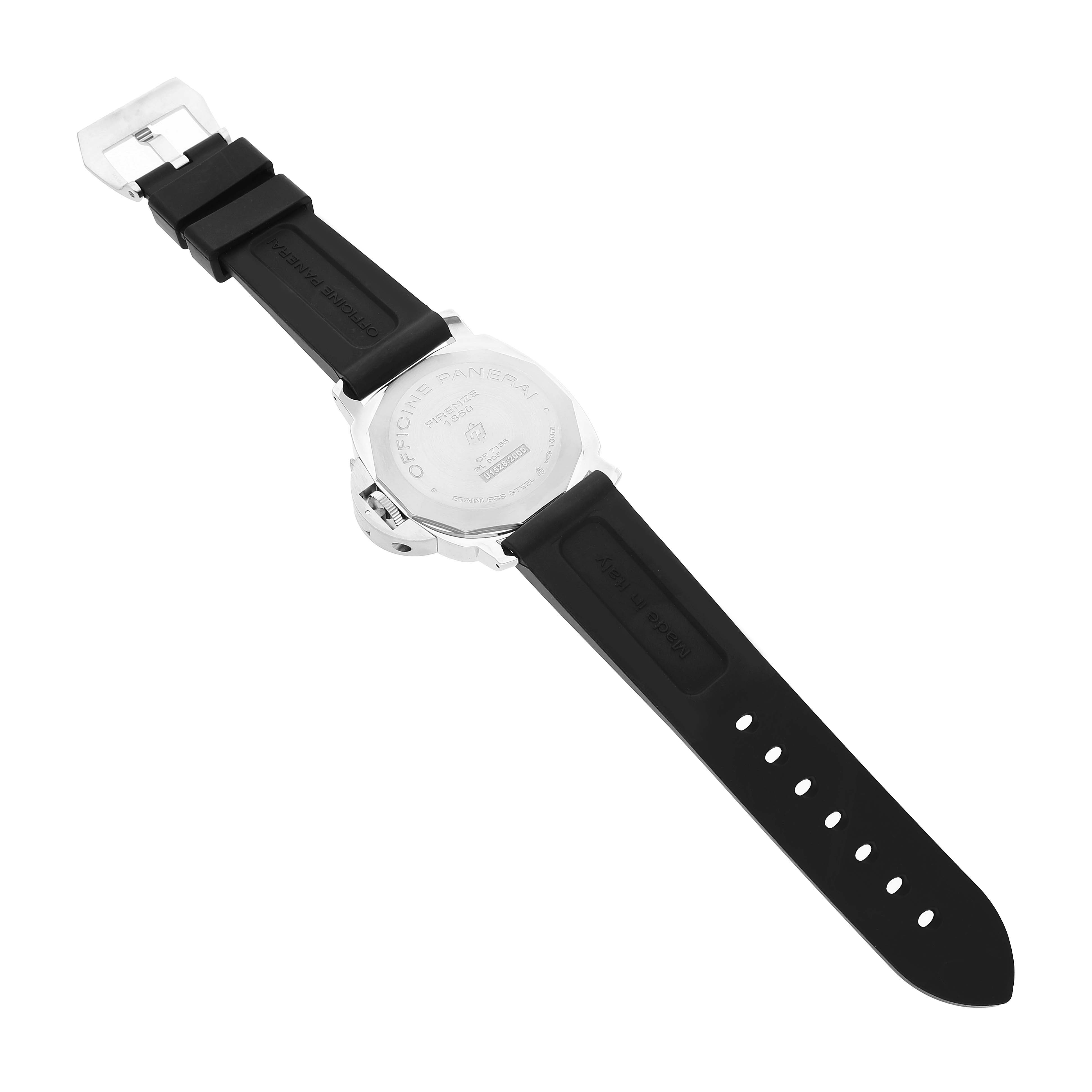 The image shows the back view of a Panerai Luminor PAM00776 Men's Stainless Steel Black Dial watch, highlighting the case back and black rubber strap.