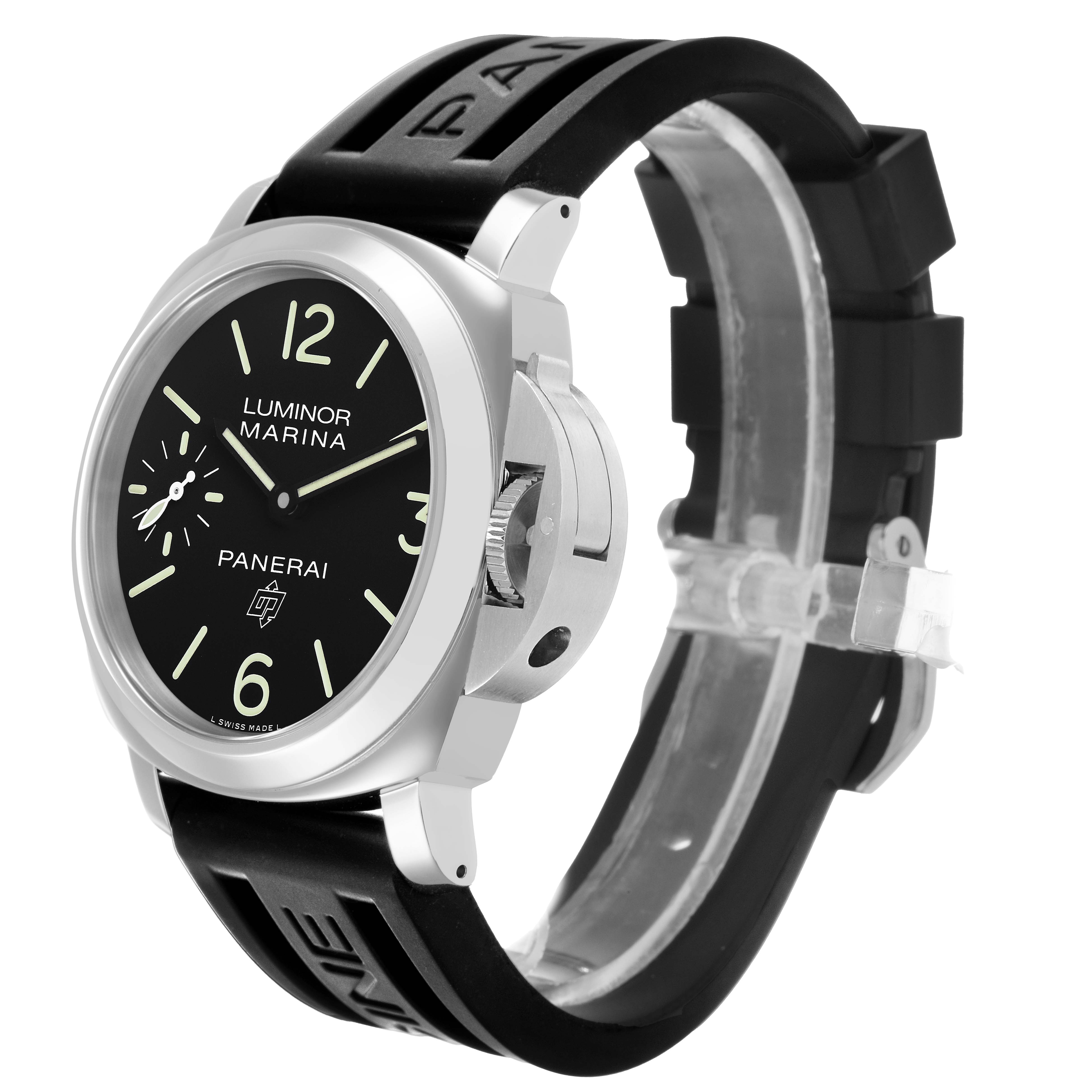The Panerai Luminor PAM00776 Men's Stainless Steel Black Dial watch is shown at a three-quarter angle, displaying its face, crown, and strap.