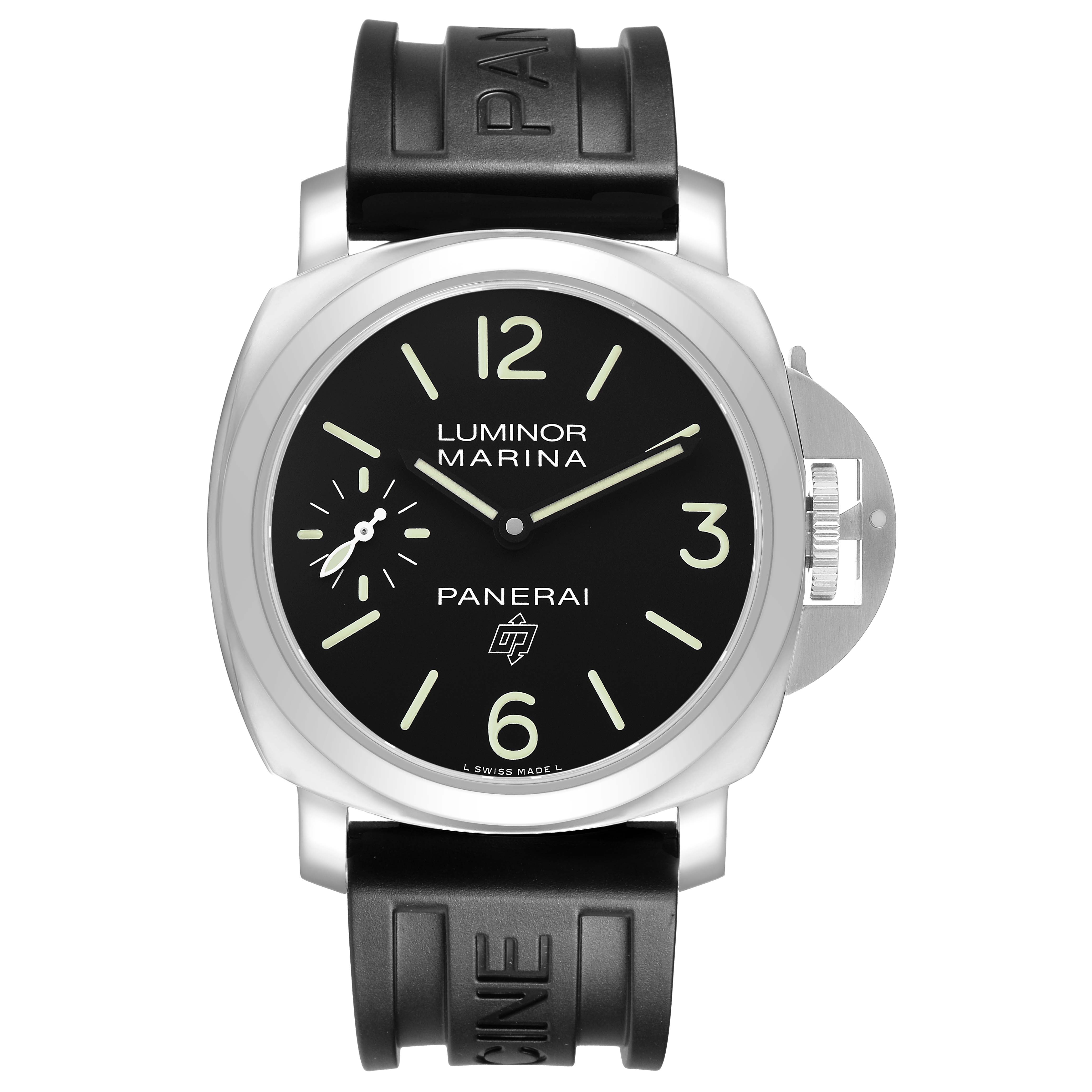 The Panerai Luminor PAM00776 Men's Stainless Steel Black Dial model is shown from a front angle, highlighting its black dial, crown guard, and rubber strap.