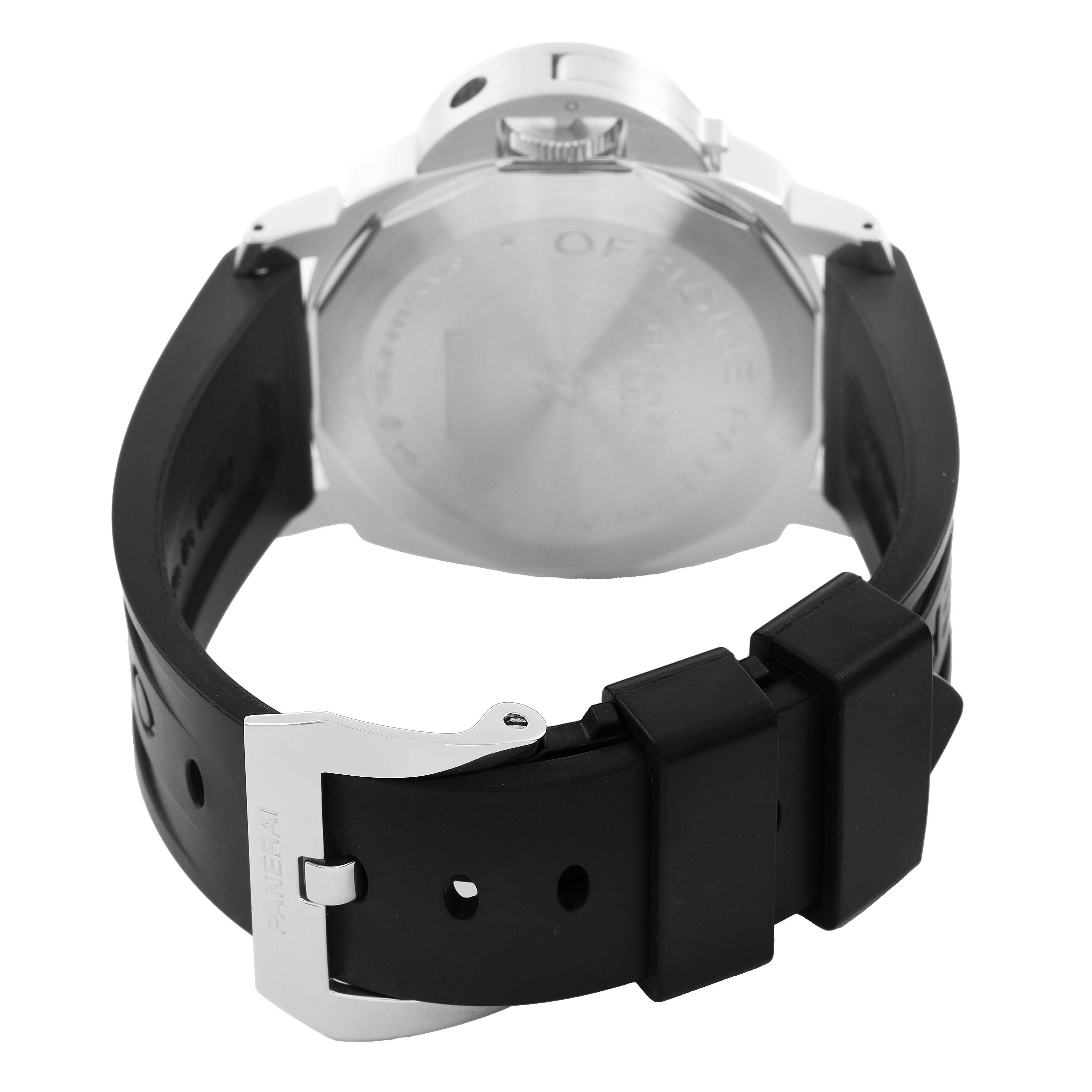 The image shows the back view of a Panerai Luminor PAM00776 Men's Stainless Steel Black Dial watch, highlighting the case back, strap, and clasp.