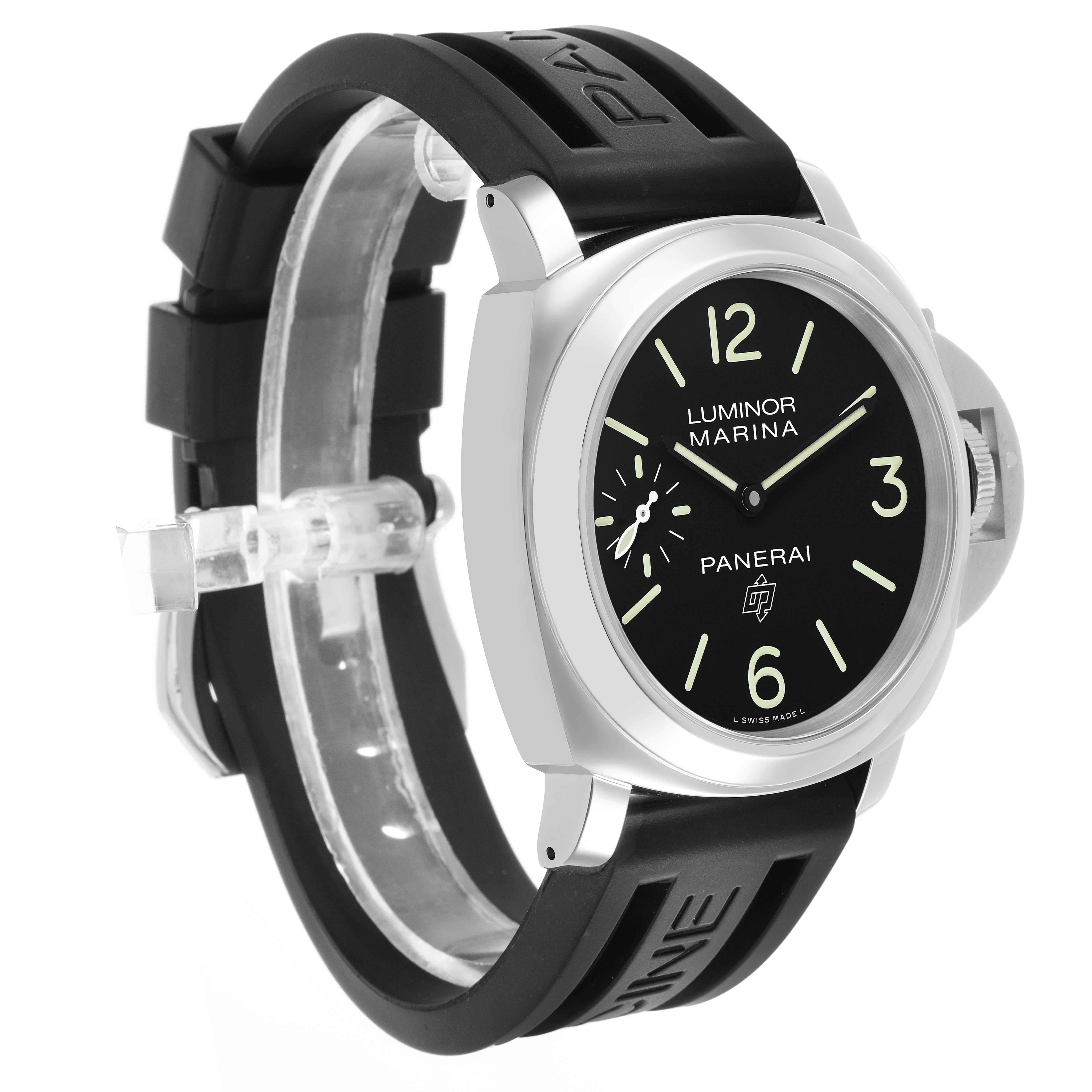 The Panerai Luminor PAM00776 Men's Stainless Steel Black Dial watch is shown at a front-right angle, highlighting the dial, case, and rubber strap.
