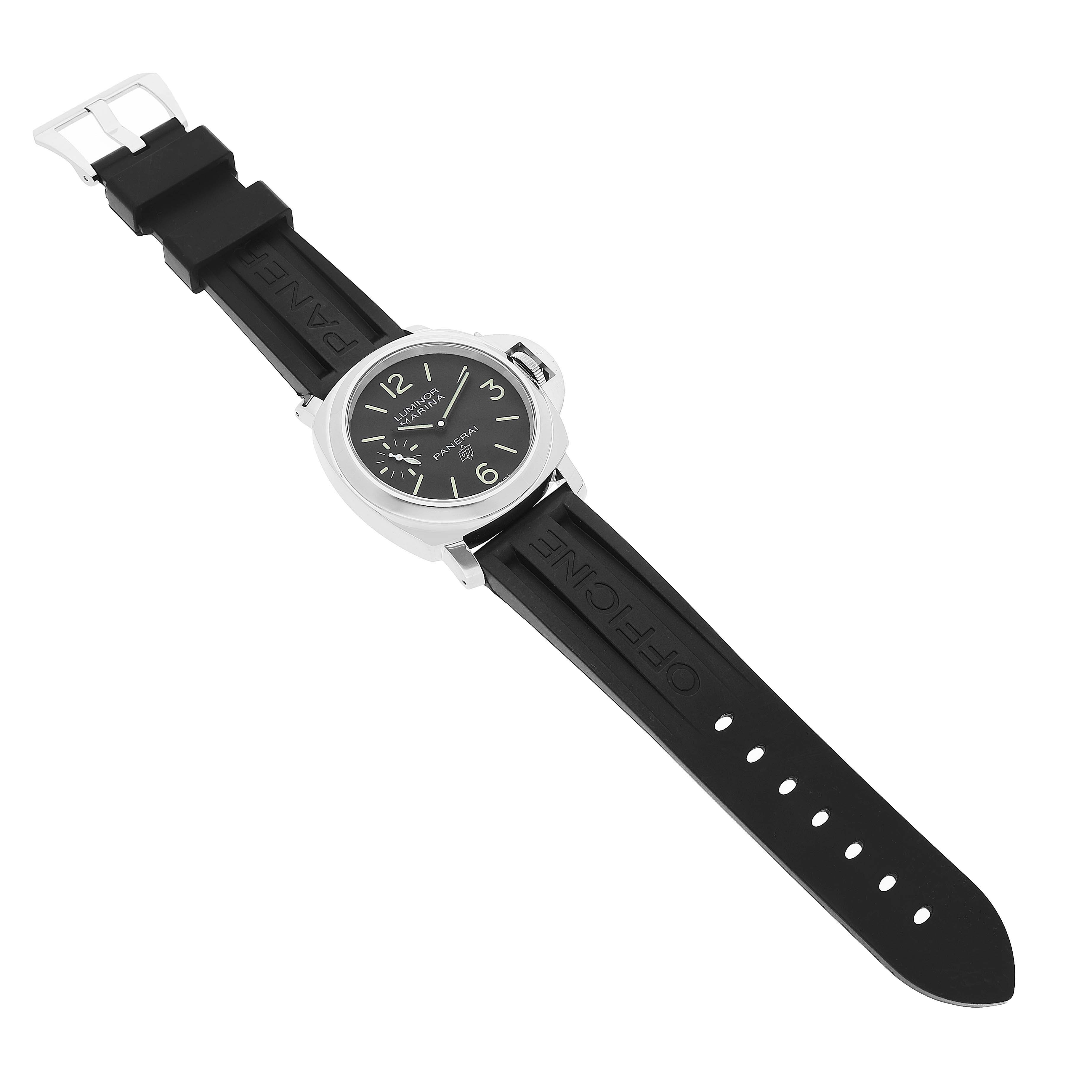 The Panerai Luminor PAM00776 Men's Stainless Steel Black Dial watch is shown from a slightly elevated angle, displaying the face, case, and black rubber strap.