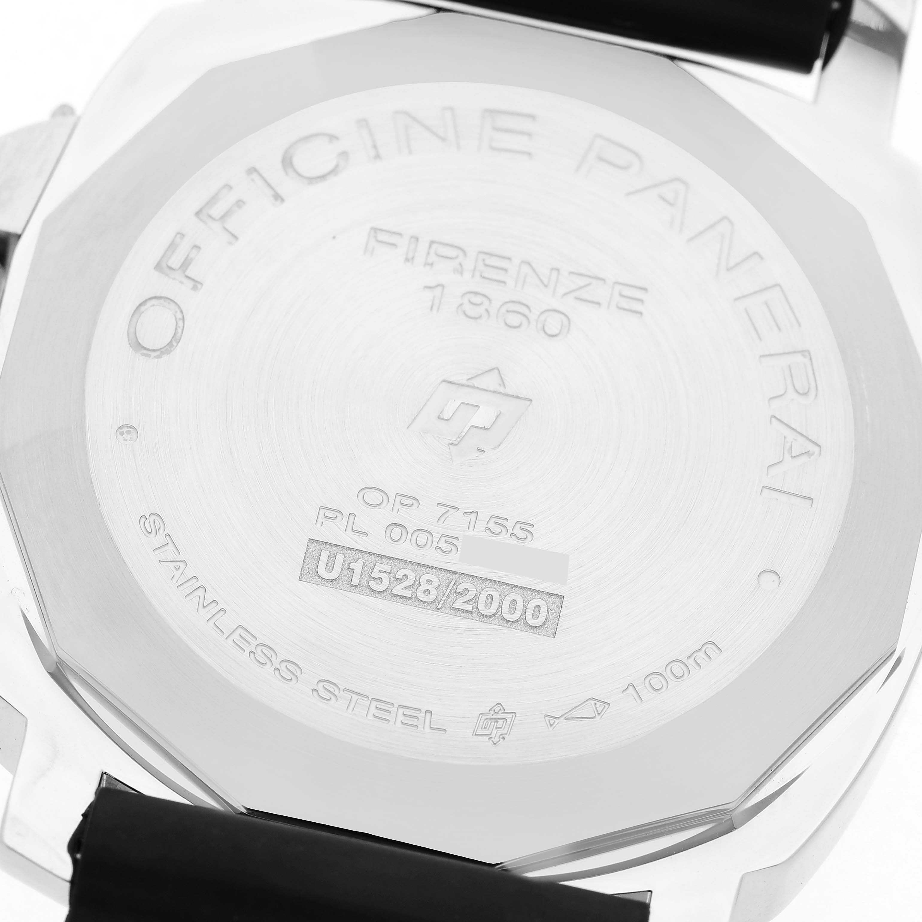 The image shows the case back of a Panerai Luminor PAM00776 Men's Stainless Steel Black Dial watch with engraved details like model and serial number.
