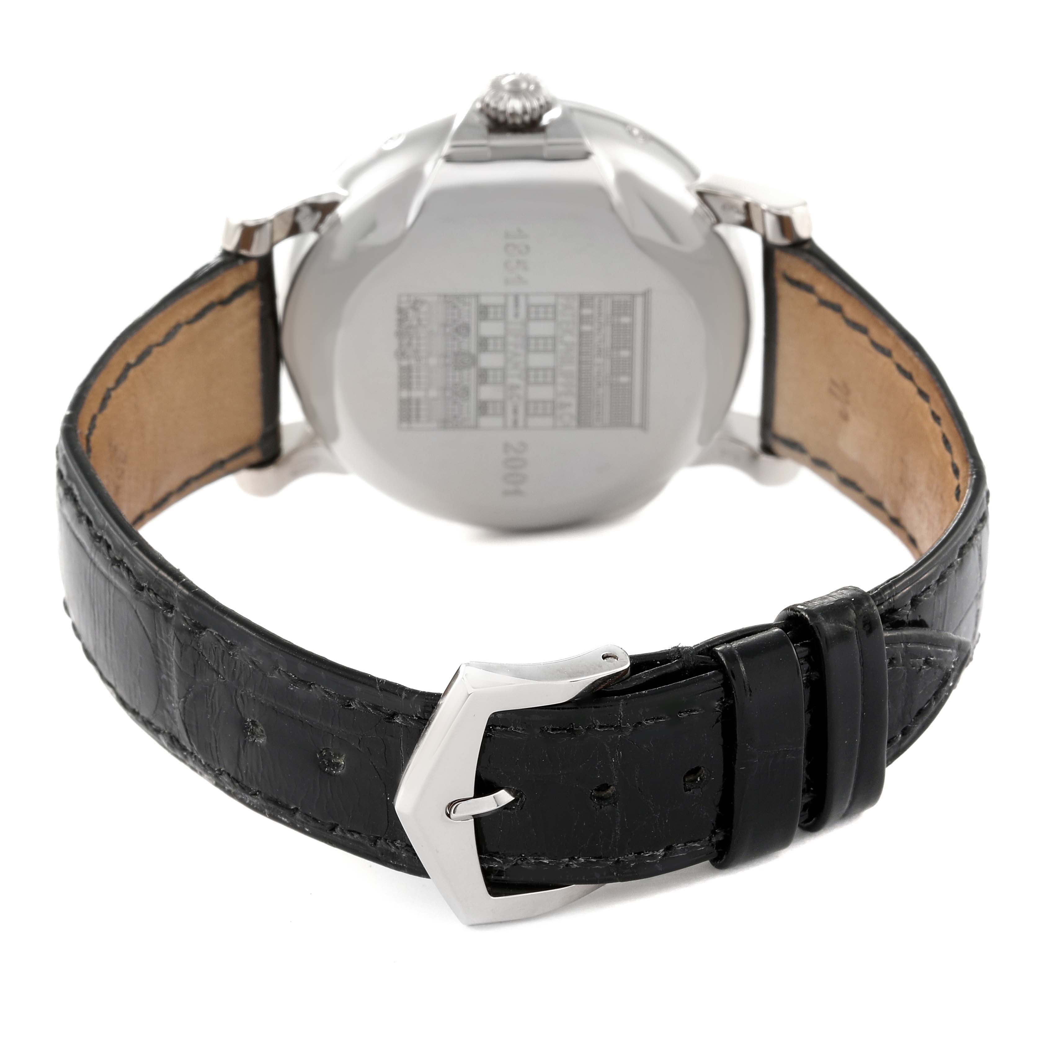 This image shows the back view of the Patek Philippe Complications 5150G Men's White Gold Silver Dial 5150G Men's White Gold Silver Dial model watch, highlighting the case back and black leather strap with a buckle.