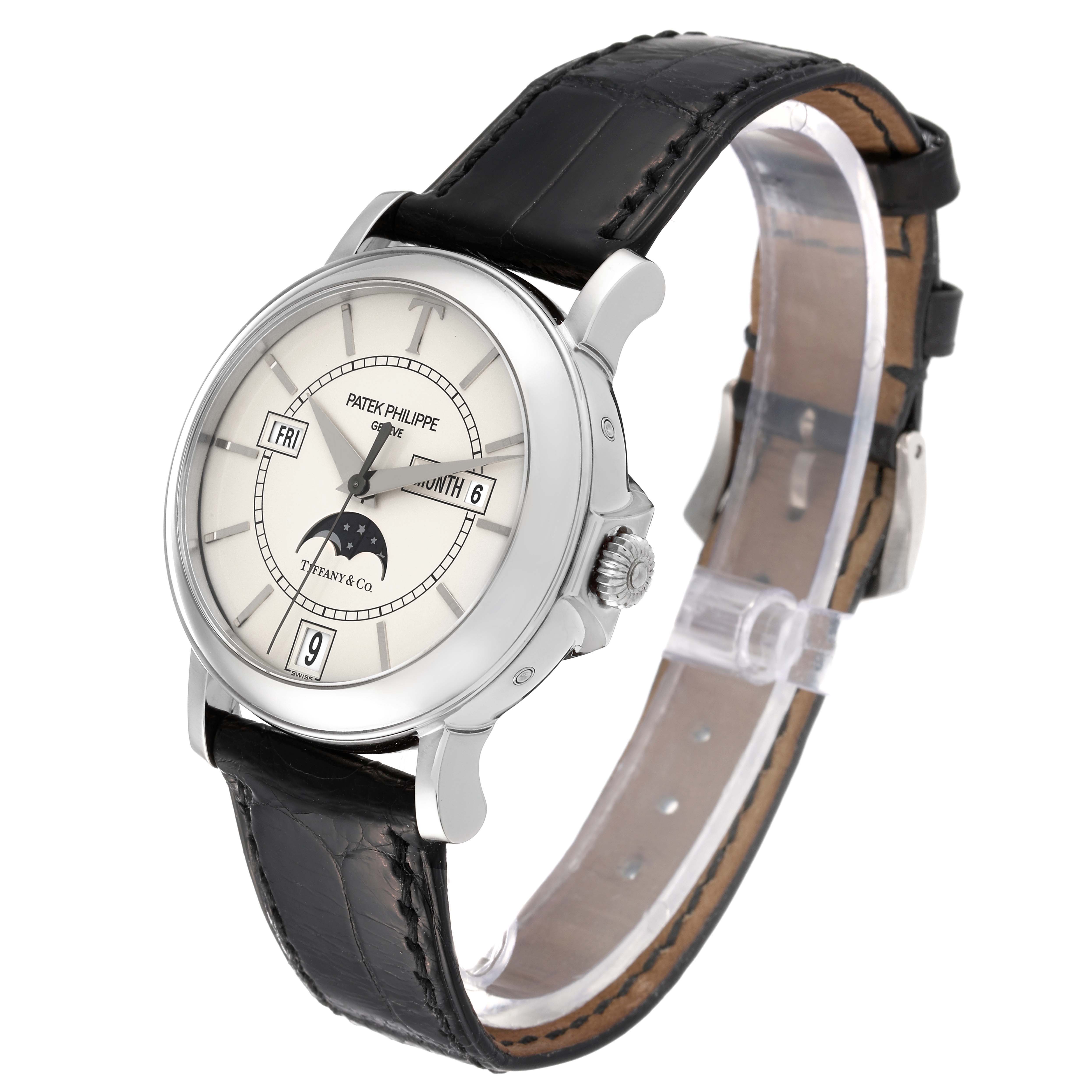 The image shows a Patek Philippe Complications 5150G Men's White Gold Silver Dial 5150G Men's White Gold Silver Dial model watch at a slight angle, highlighting the dial, crown, and leather strap.