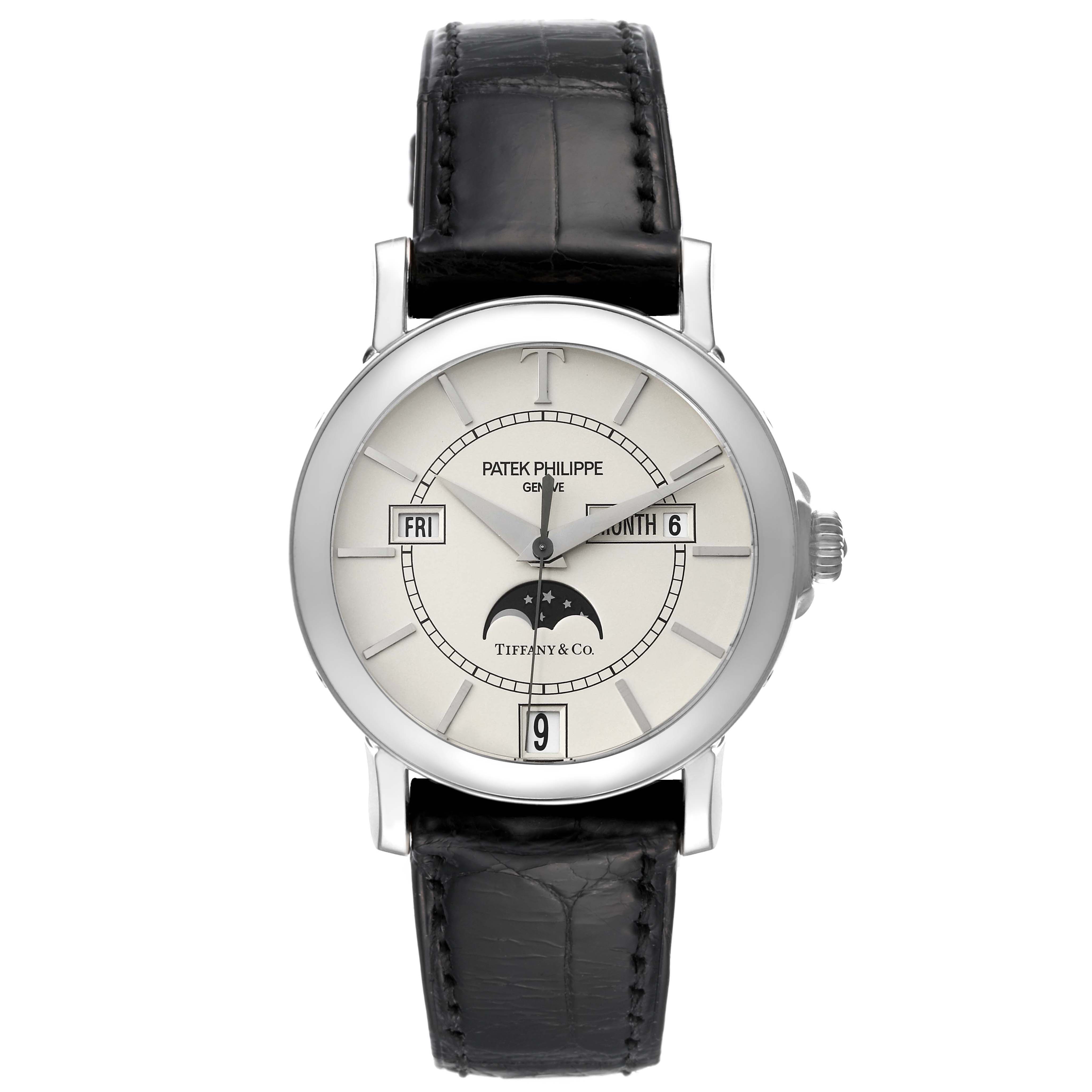 The image shows a frontal view of the Patek Philippe Complications 5150G Men's White Gold Silver Dial 5150G Men's White Gold Silver Dial watch, featuring a silver dial, moon phase display, and leather strap.