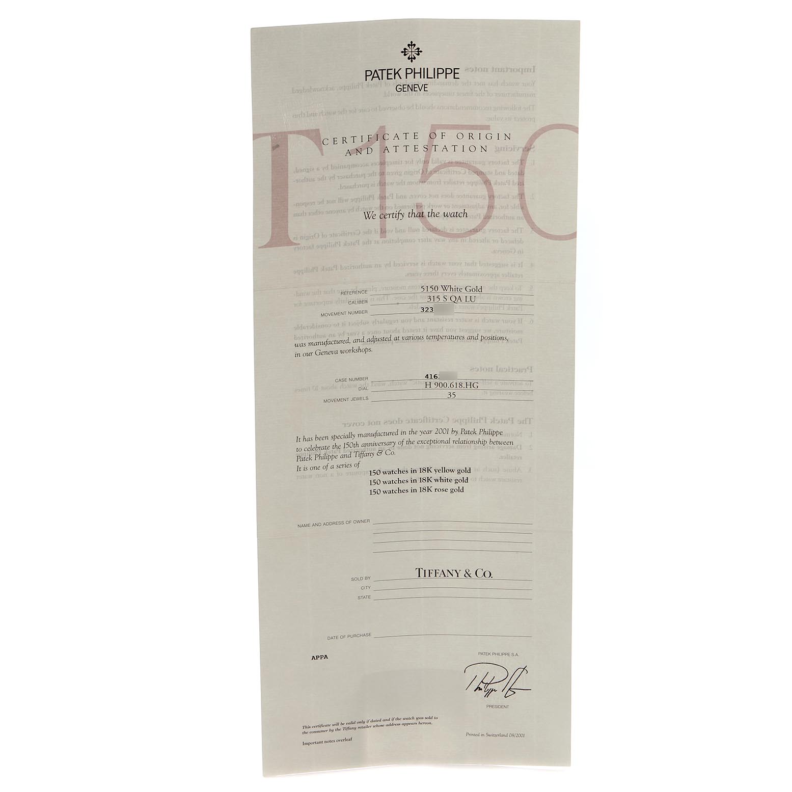 The image displays a certificate of origin for a Patek Philippe Complications 5150G Men's White Gold Silver Dial 5150G Men's White Gold Silver Dial model watch.