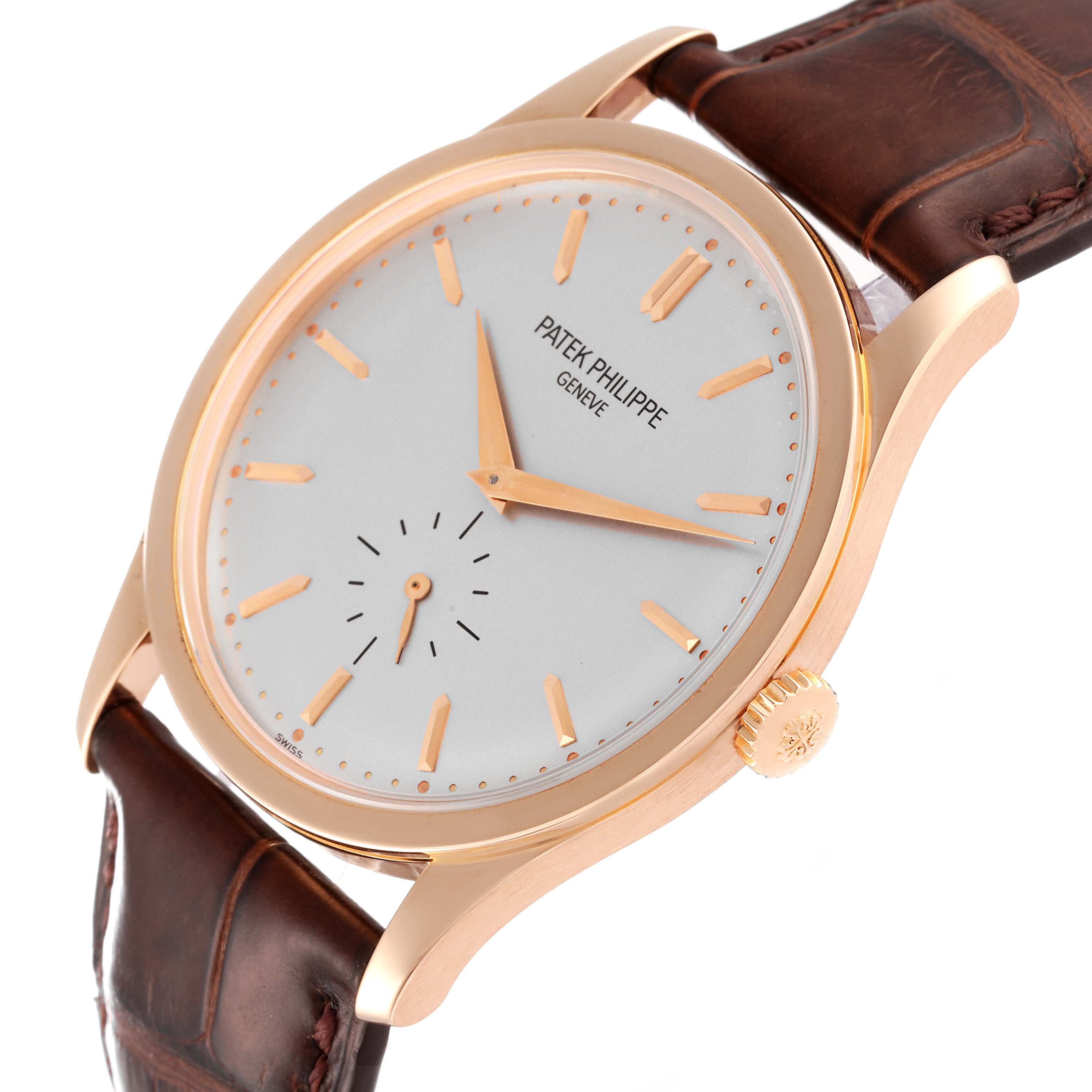 The image shows a side view of a Patek Philippe Calatrava 5196R Men
s Rose Gold Silver Dial 5196R Men
s Rose Gold Silver Dial watch, displaying the dial, hands, crown, and brown leather strap.