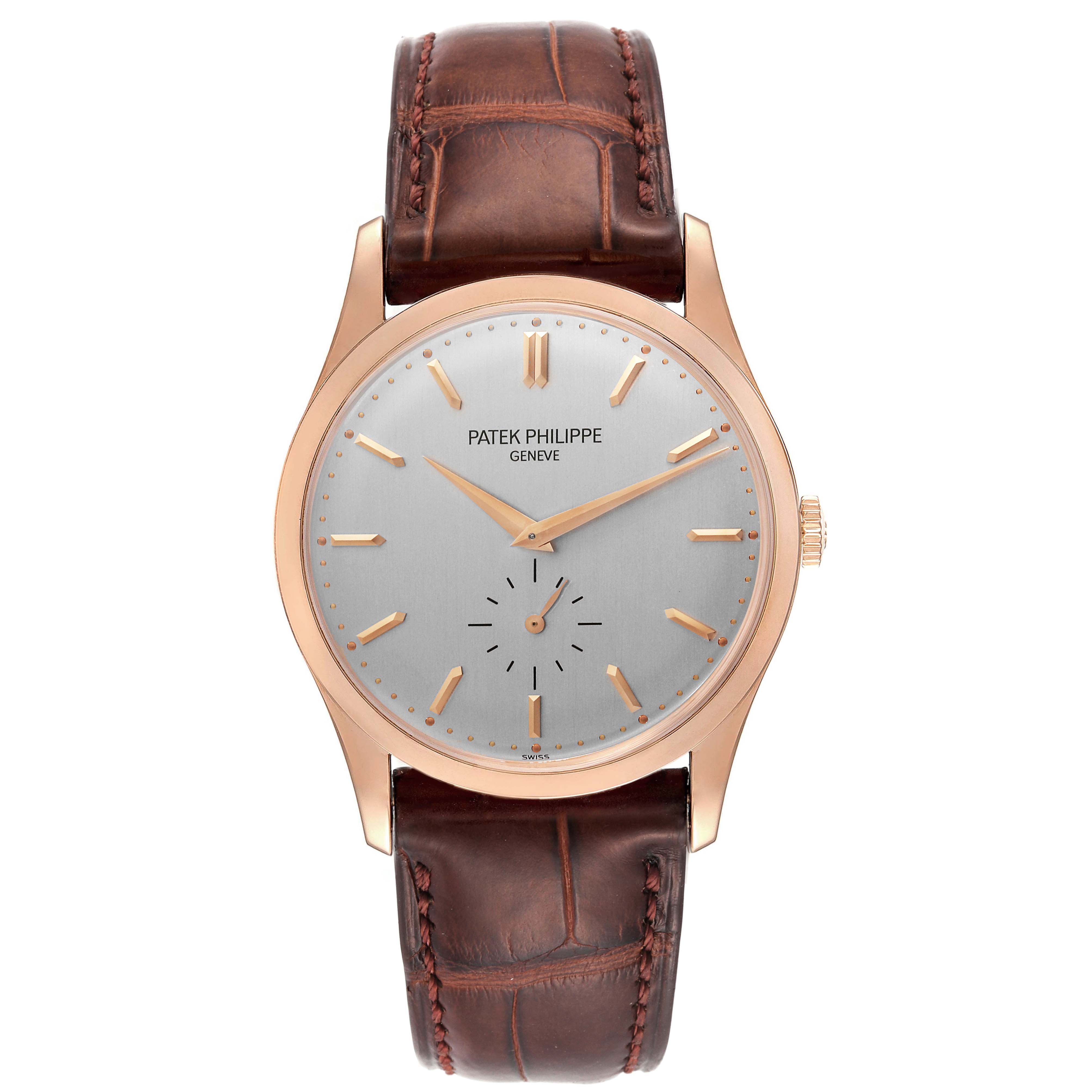 This image shows a front view of the Patek Philippe Calatrava 5196R Men
s Rose Gold Silver Dial 5196R Men
s Rose Gold Silver Dial watch, displaying its dial, case, and leather strap.