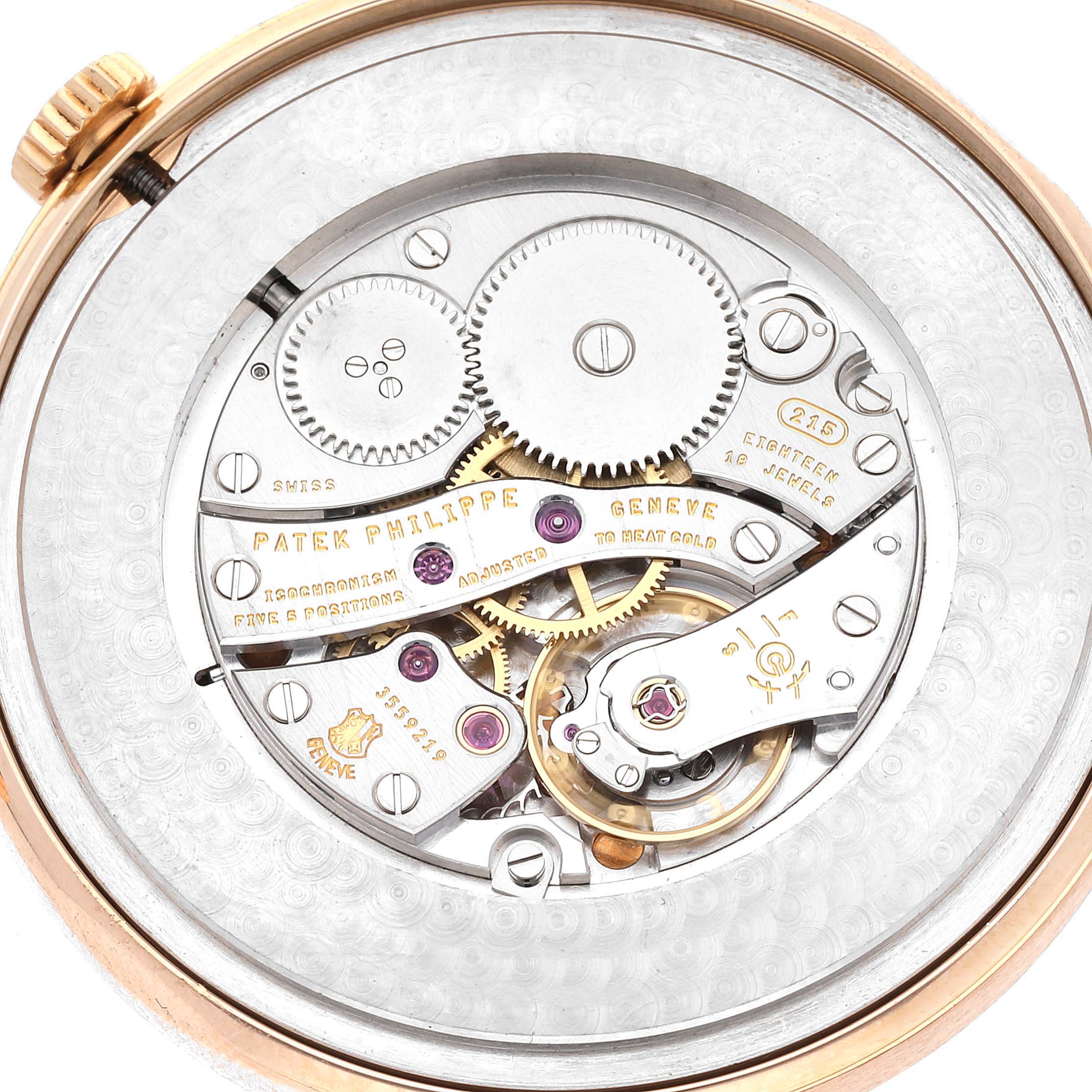 This image shows the intricate back view of the Patek Philippe Calatrava 5196R Men
s Rose Gold Silver Dial 5196R Men
s Rose Gold Silver Dial watch, highlighting its mechanical movement.