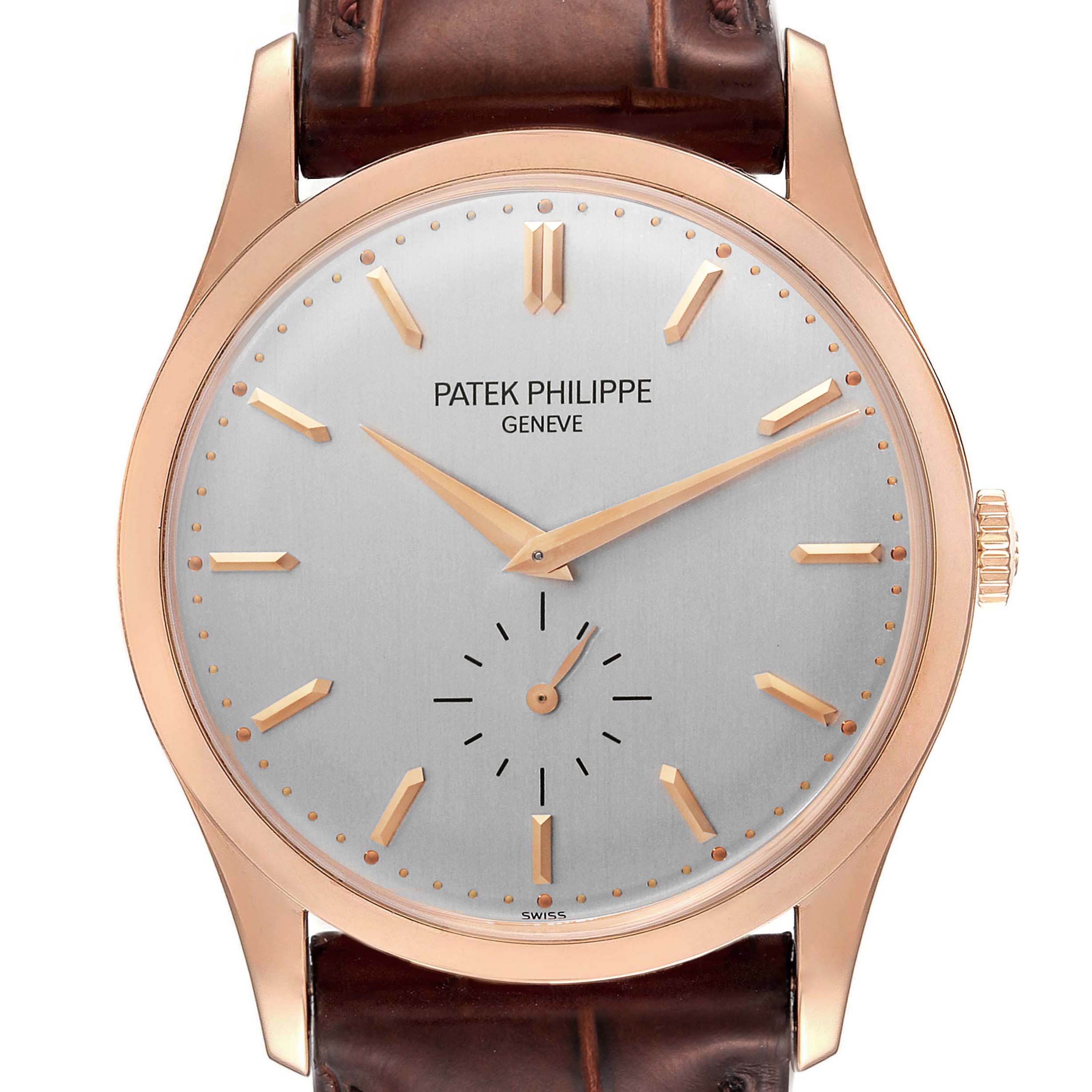 The image shows a front view of the Patek Philippe Calatrava 5196R Men
s Rose Gold Silver Dial 5196R Men
s Rose Gold Silver Dial watch, highlighting its dial, hands, and leather strap.