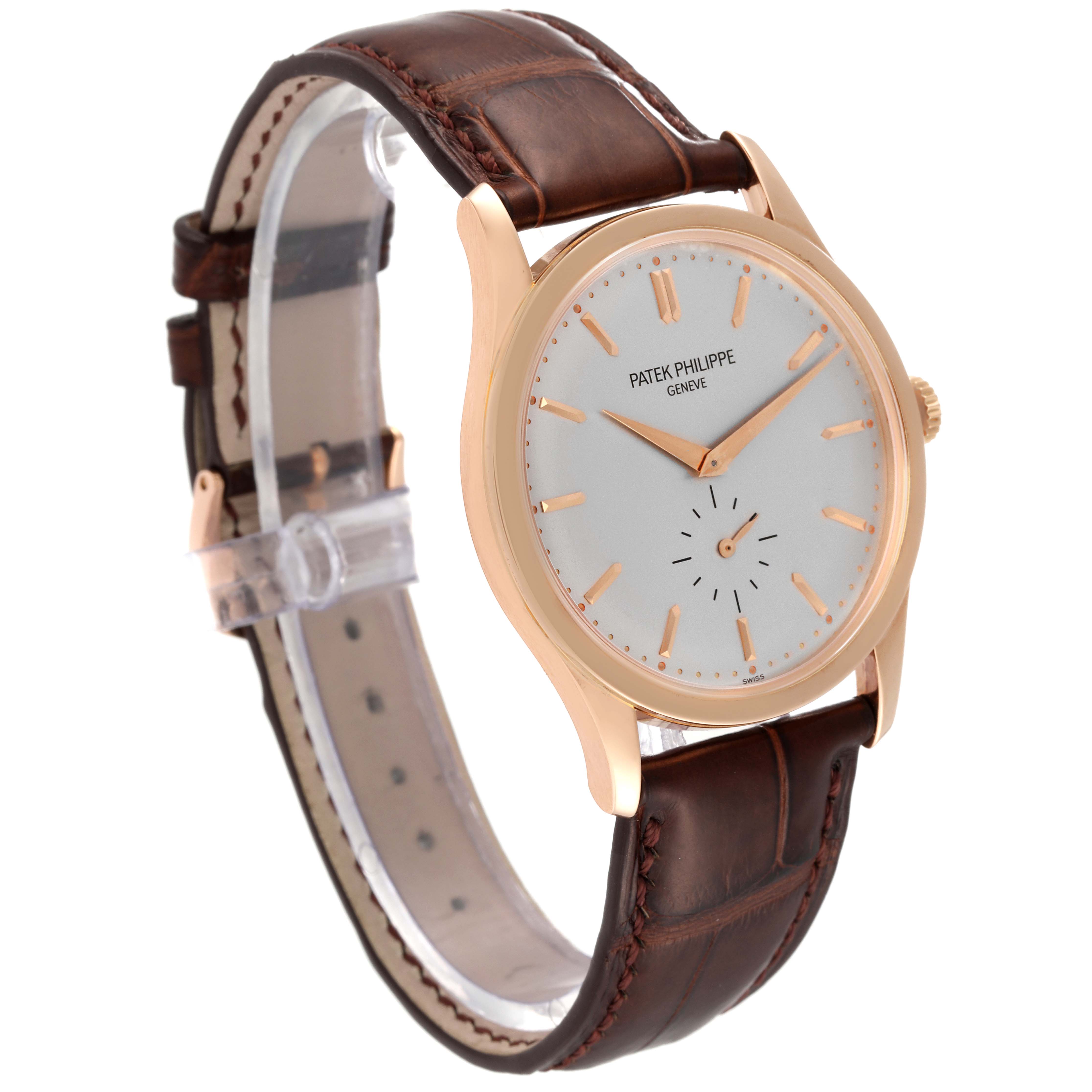 The image shows a Patek Philippe Calatrava 5196R Men
s Rose Gold Silver Dial 5196R Men
s Rose Gold Silver Dial watch angled from the front-left, highlighting the face, bezel, and leather strap.