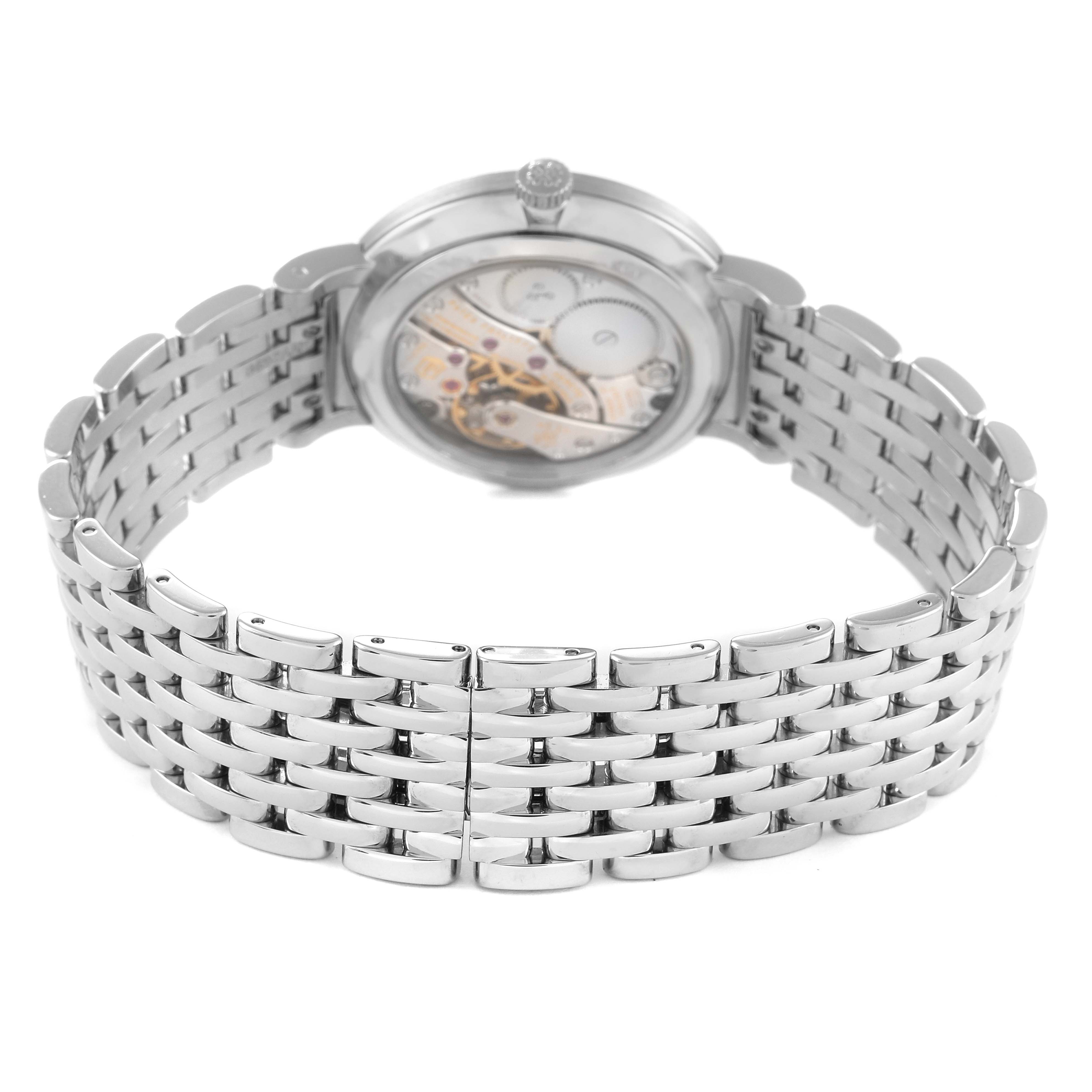 This image shows the back and bracelet of a Patek Philippe Calatrava 7119G Women's White Gold White Dial 7119G Women's White Gold White Dial watch, highlighting its intricate mechanism.