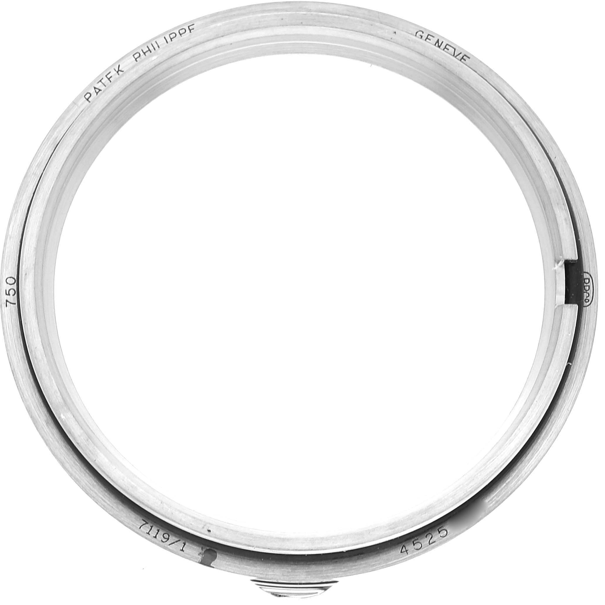 This image shows the bezel of a Patek Philippe Calatrava 7119G Women's White Gold White Dial 7119G Women's White Gold White Dial model watch viewed from above.