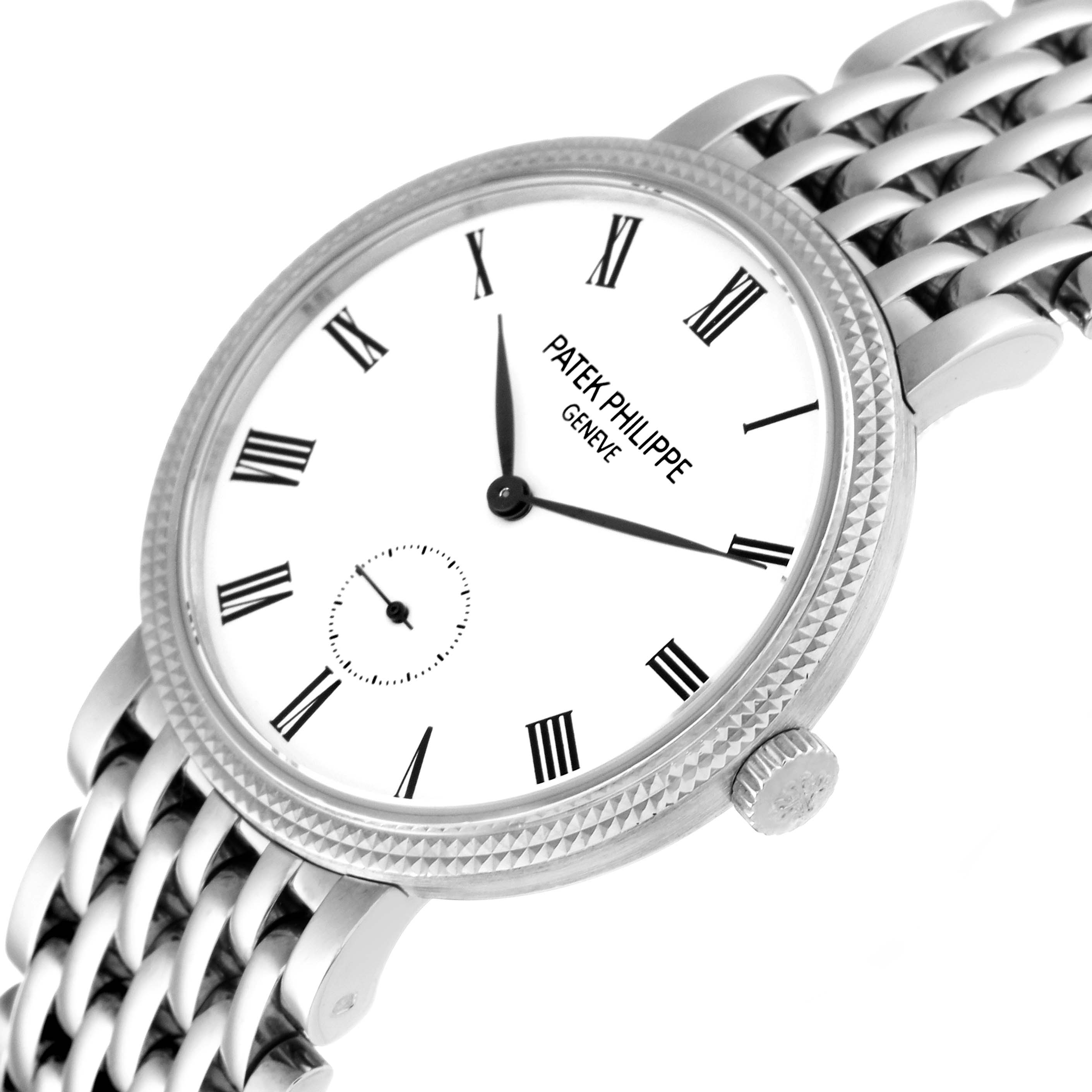 The image shows a Patek Philippe Calatrava 7119G Women's White Gold White Dial 7119G Women's White Gold White Dial watch from an angled side view, displaying its dial, crown, and metal bracelet.
