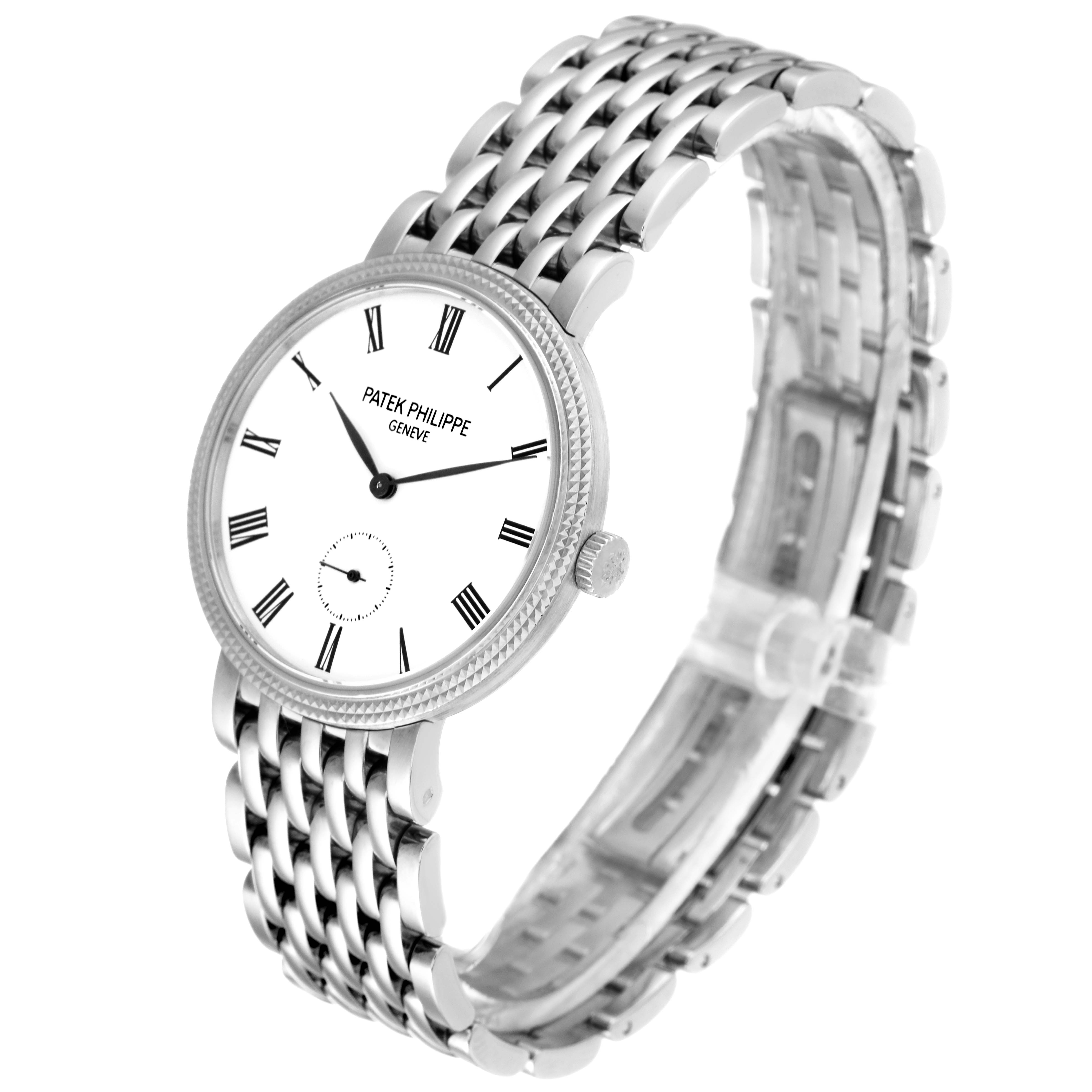 The image shows a Patek Philippe Calatrava 7119G Women's White Gold White Dial 7119G Women's White Gold White Dial watch angled to display its face and metal bracelet.