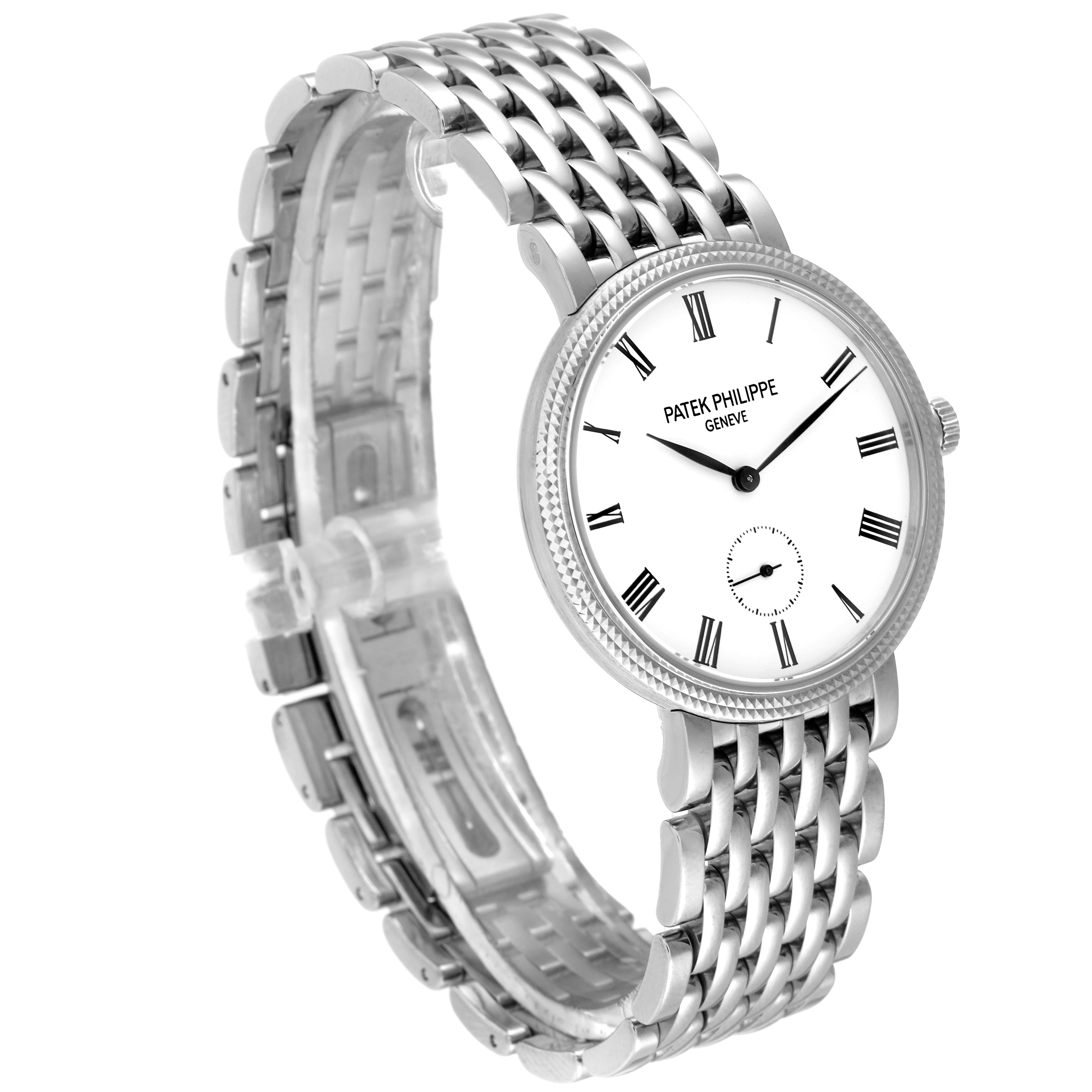 This image shows a Patek Philippe Calatrava 7119G Women's White Gold White Dial 7119G Women's White Gold White Dial watch at a three-quarter angle, highlighting its white dial, Roman numerals, and metal bracelet.