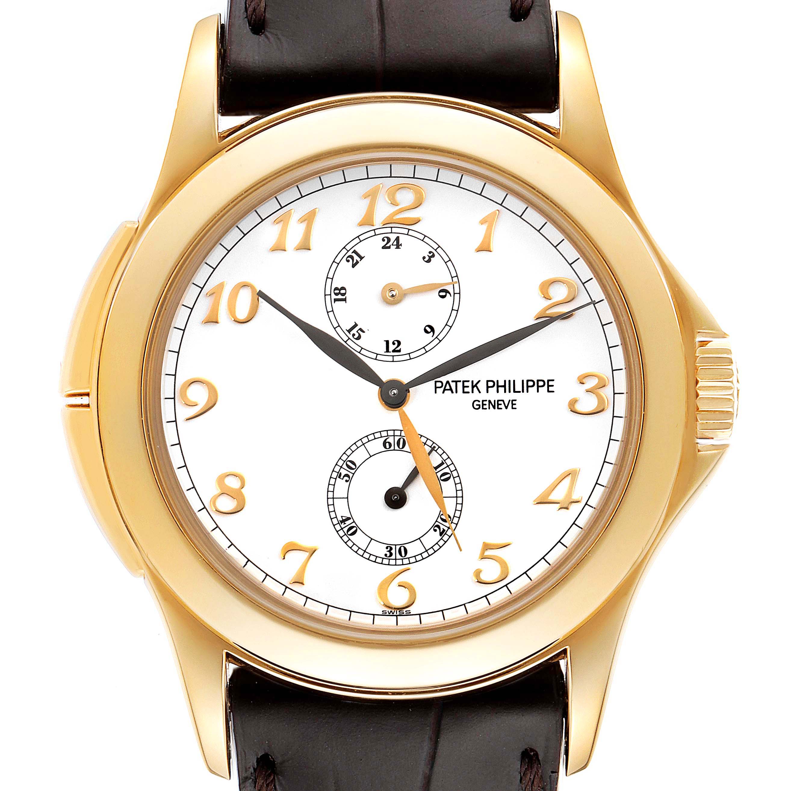 The image shows a front view of the Patek Philippe Calatrava 5134J Men's Yellow Gold White Dial 5134J Men's Yellow Gold White Dial watch, highlighting its face, numerals, subdials, and crown.