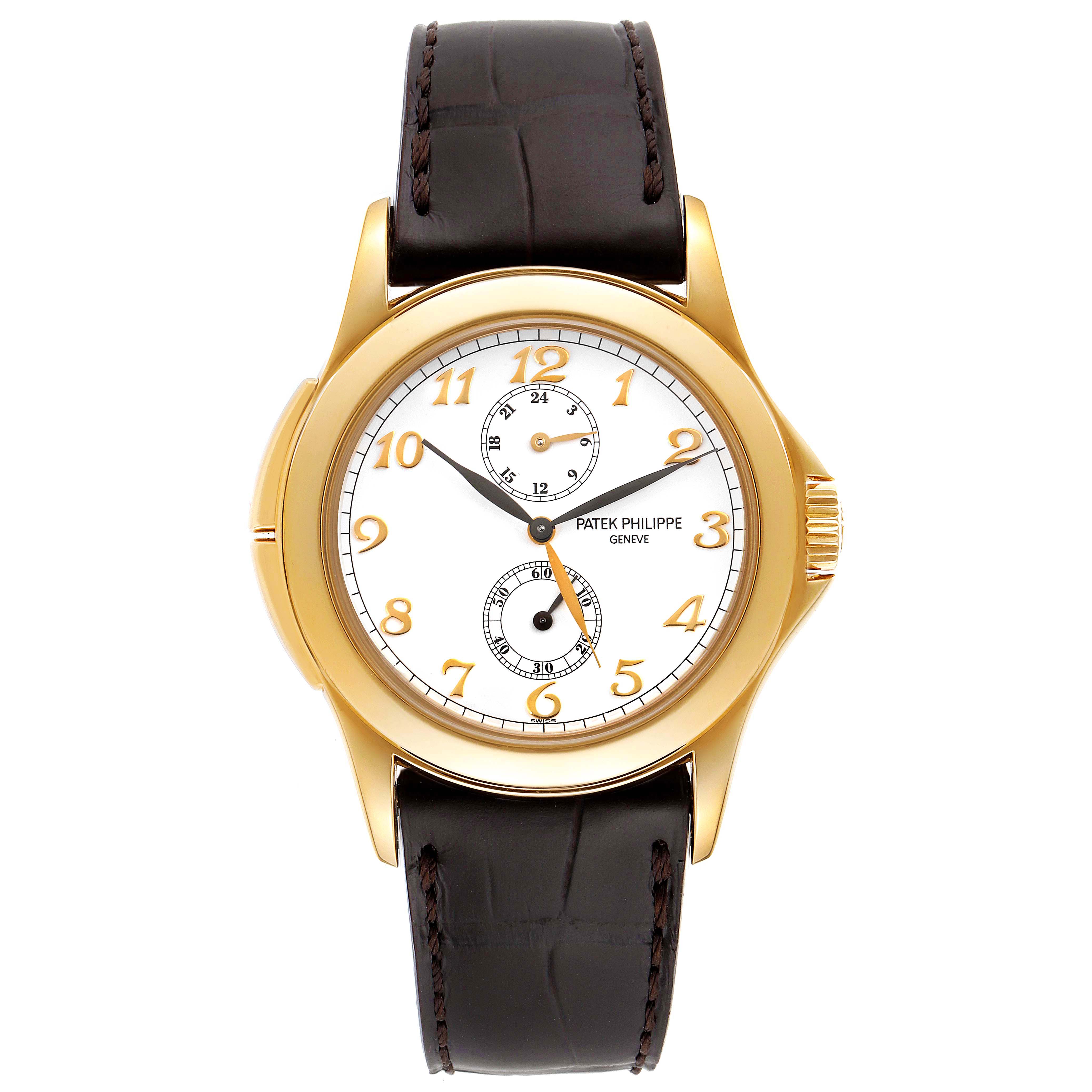 The image shows a frontal view of a Patek Philippe Calatrava 5134J Men's Yellow Gold White Dial 5134J Men's Yellow Gold White Dial watch featuring a gold case and a leather strap.
