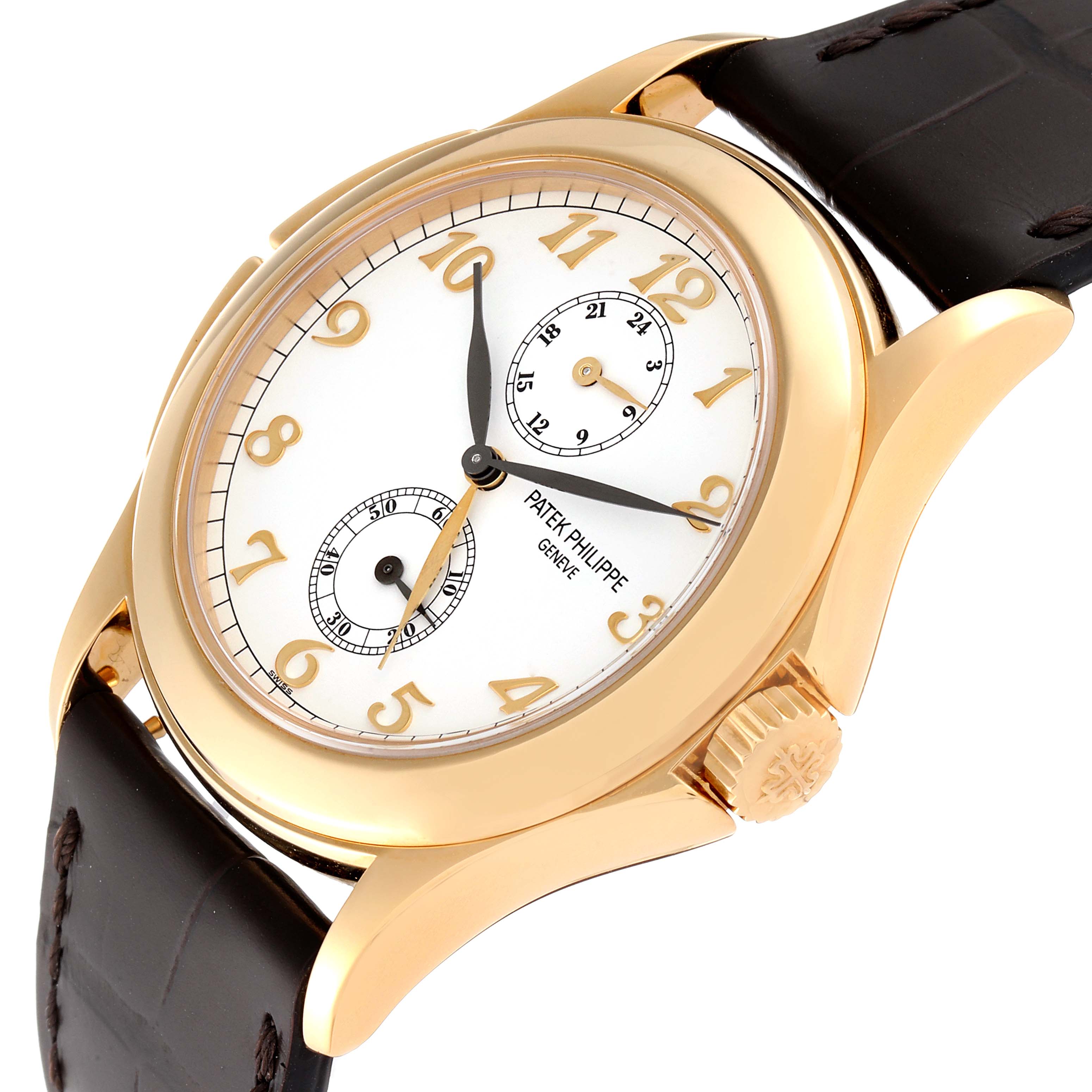 The image shows a close-up, angled view of the Patek Philippe Calatrava 5134J Men's Yellow Gold White Dial 5134J Men's Yellow Gold White Dial watch, highlighting its dial, case, crown, and leather strap.