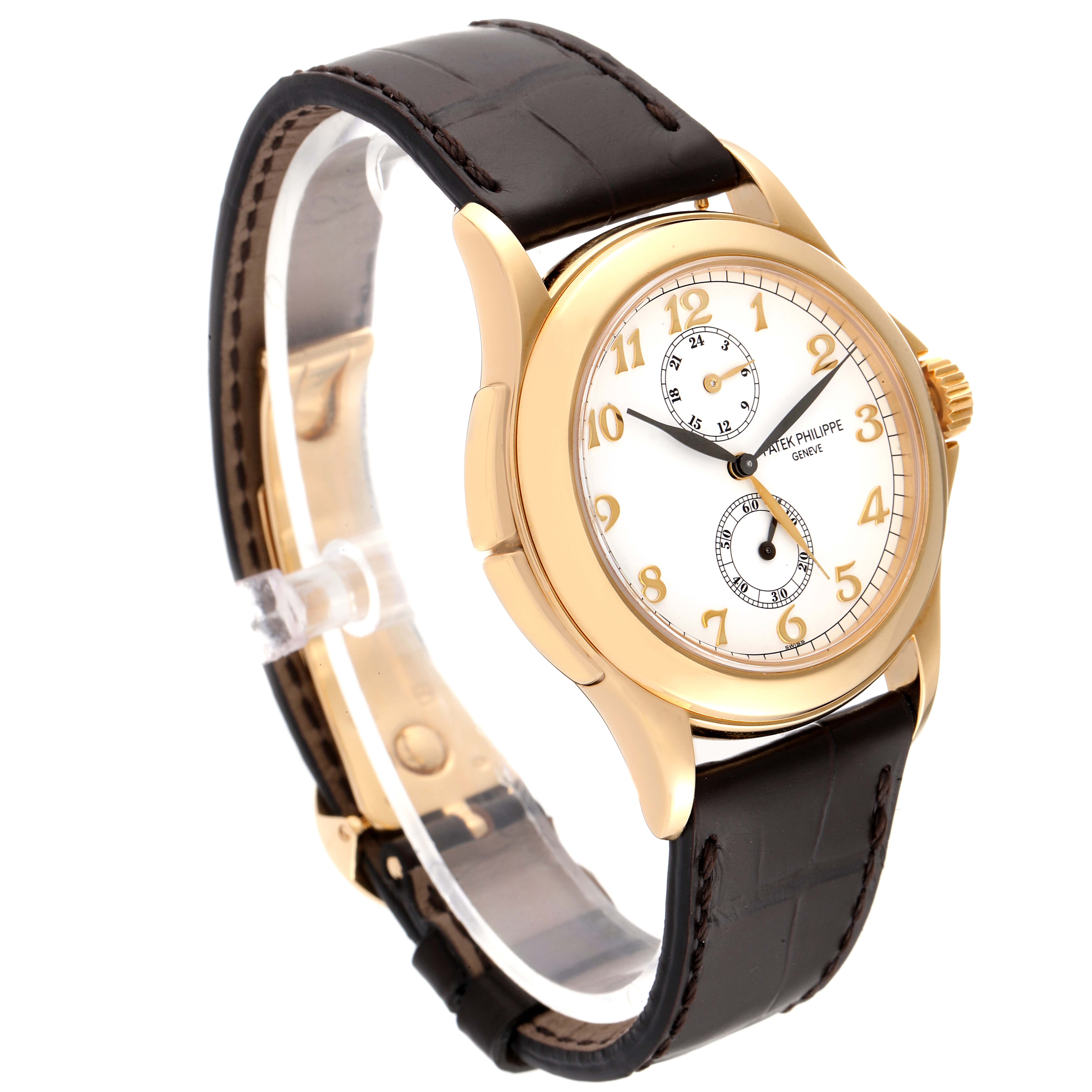 The image shows a side view of the Patek Philippe Calatrava 5134J Men's Yellow Gold White Dial 5134J Men's Yellow Gold White Dial watch, highlighting its gold case, white dial, and black leather strap.