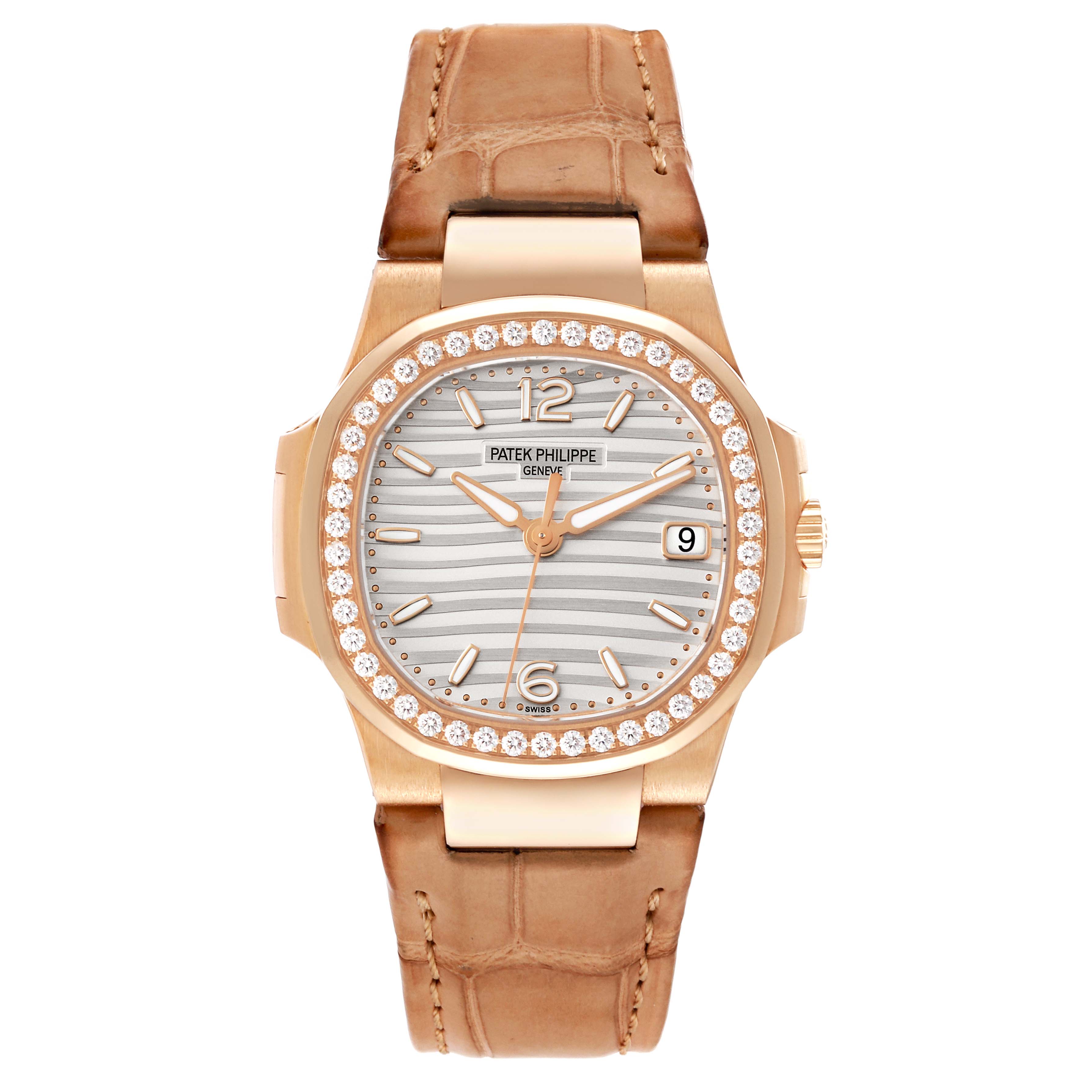 The image shows a front view of a Patek Philippe Nautilus 7010R Women's Rose Gold Silver Dial 7010R Women's Rose Gold Silver Dial watch, featuring a leather strap.