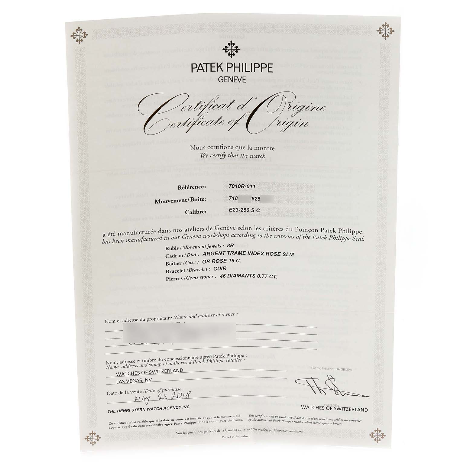 The image shows a Certificate of Origin for a Patek Philippe Nautilus 7010R Women's Rose Gold Silver Dial 7010R Women's Rose Gold Silver Dial model watch.