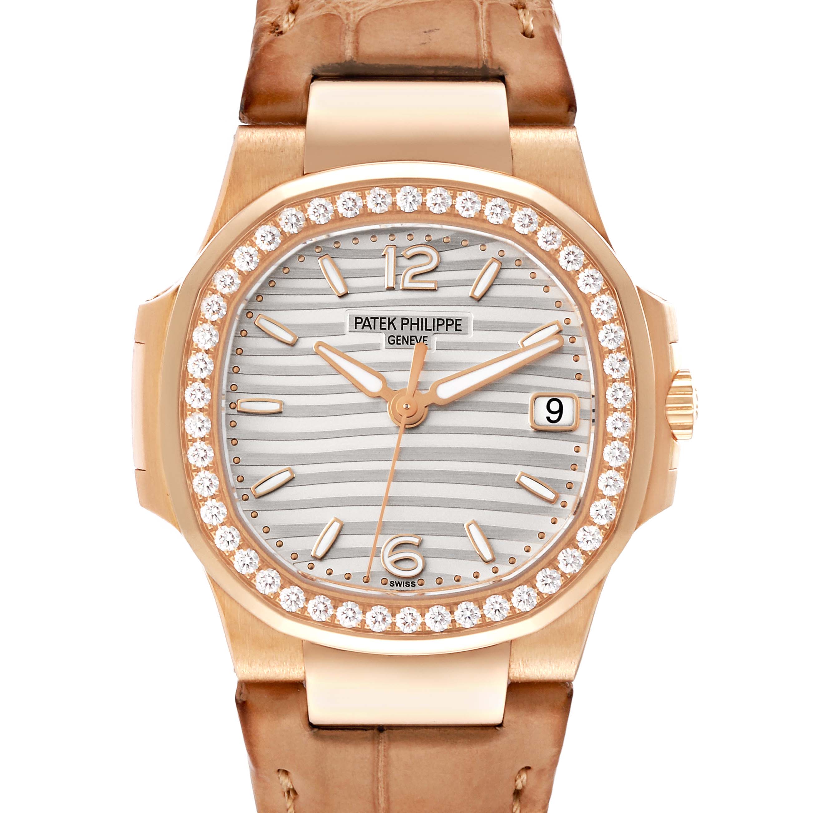 The image shows a front view of a Patek Philippe Nautilus 7010R Women's Rose Gold Silver Dial 7010R Women's Rose Gold Silver Dial watch with a diamond-studded bezel and a leather strap.