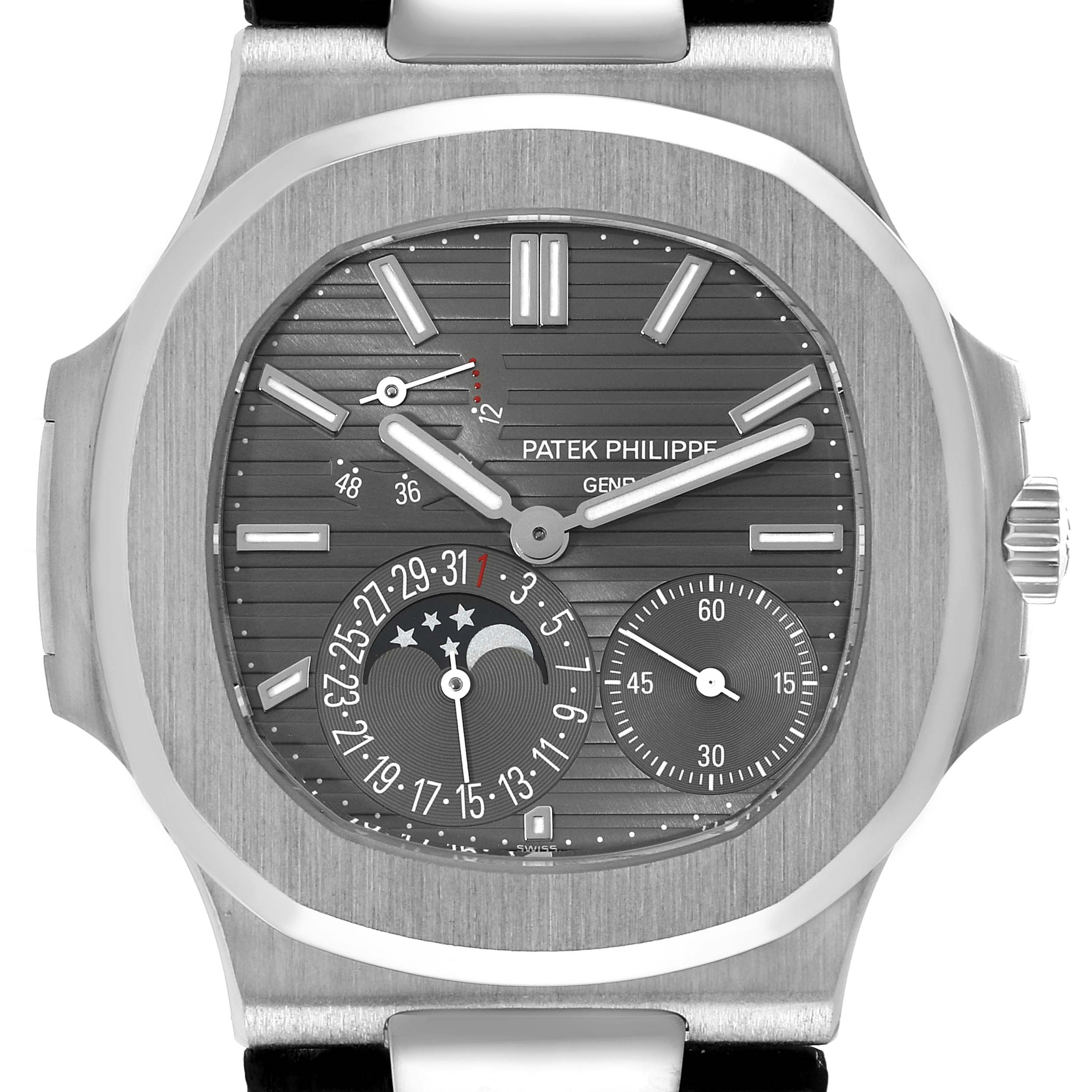 The image shows a front view of the Patek Philippe Nautilus 5712G-001 Men's White Gold Grey Dial 5712G-001 Men's White Gold Grey Dial watch, highlighting its face, dial, hands, and complications.