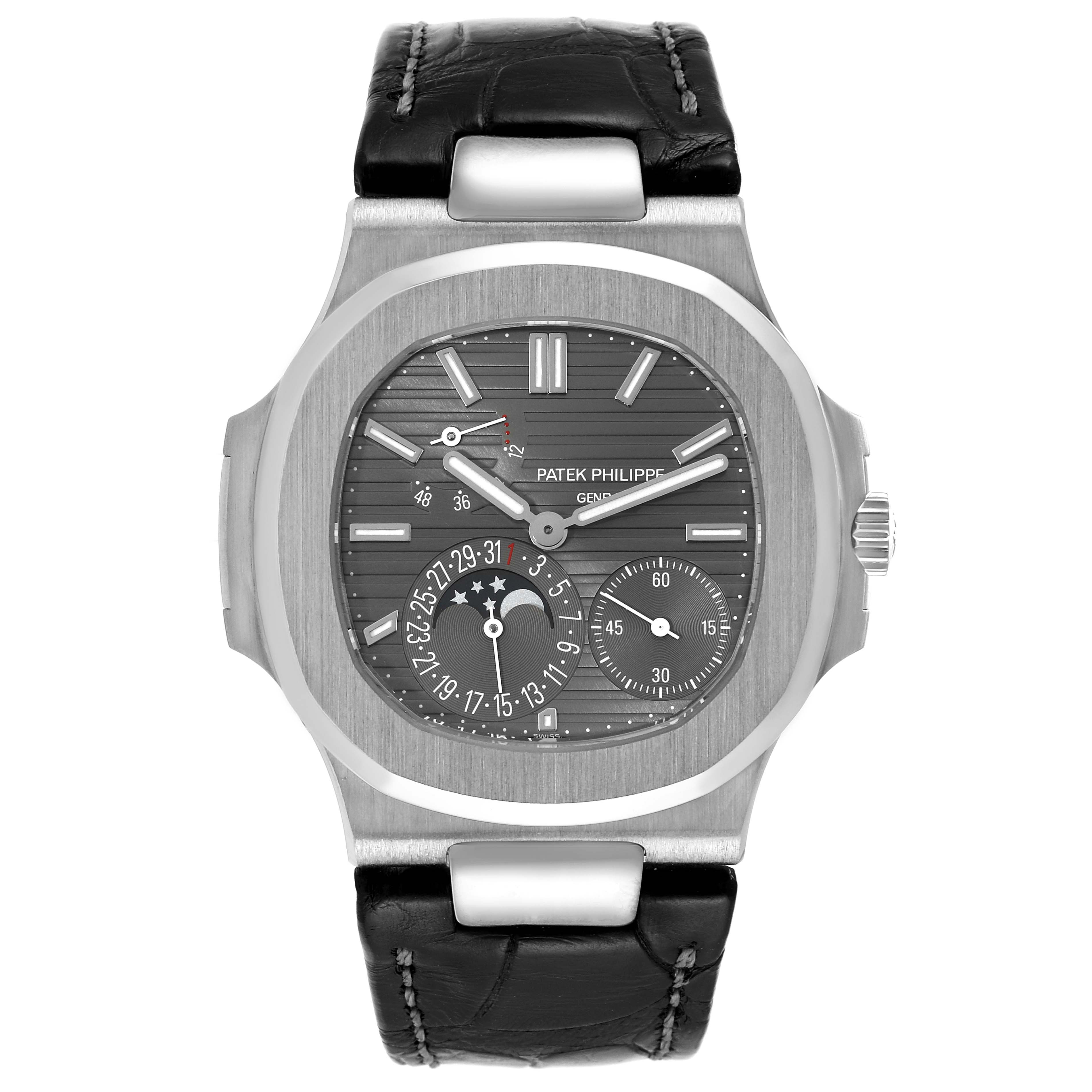 The image shows a front view of the Patek Philippe Nautilus 5712G-001 Men's White Gold Grey Dial 5712G-001 Men's White Gold Grey Dial watch, displaying the face, dial, and leather strap.