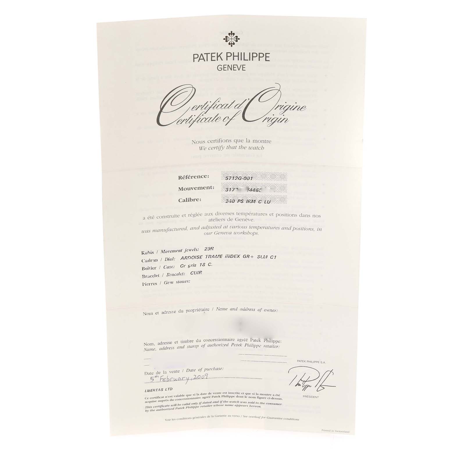 This image shows a Certificate of Origin for a Patek Philippe Nautilus 5712G-001 Men's White Gold Grey Dial 5712G-001 Men's White Gold Grey Dial watch, featuring reference, movement, and caliber details.
