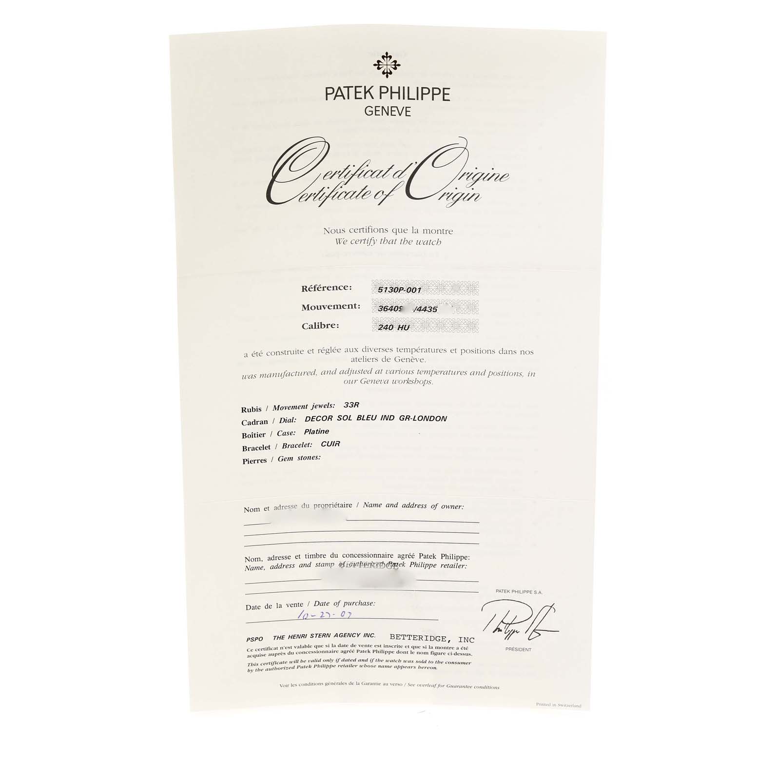 The image shows the Certificate of Origin for the Patek Philippe Complications 5130P-001 Men's Platinum Silver Dial 5130P-001 Men's Platinum Silver Dial model.