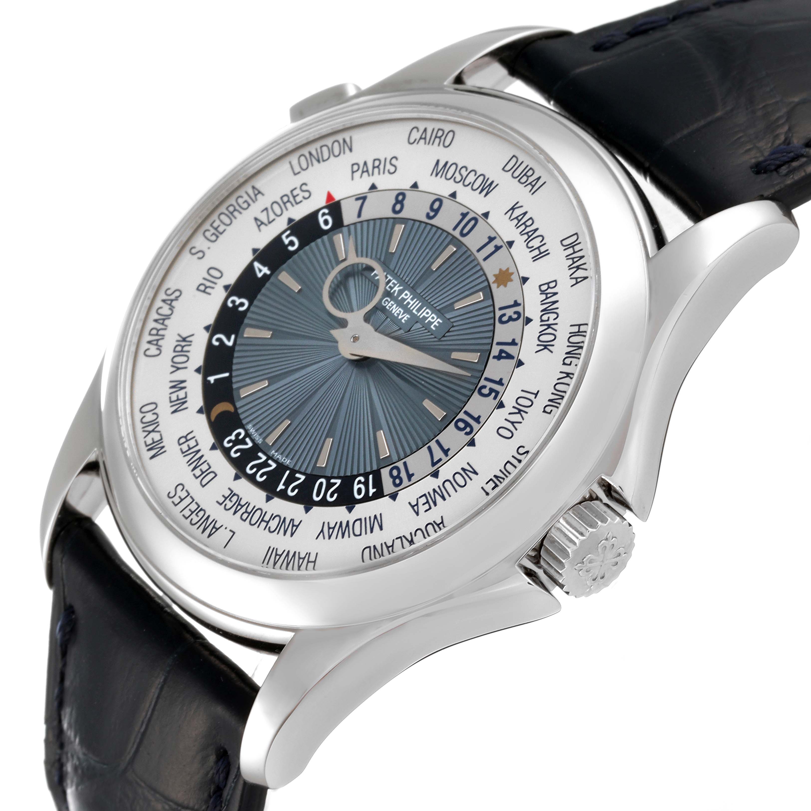 This image shows a close-up side angle of the Patek Philippe Complications 5130P-001 Men's Platinum Silver Dial 5130P-001 Men's Platinum Silver Dial watch, highlighting the dial, bezel, and crown.