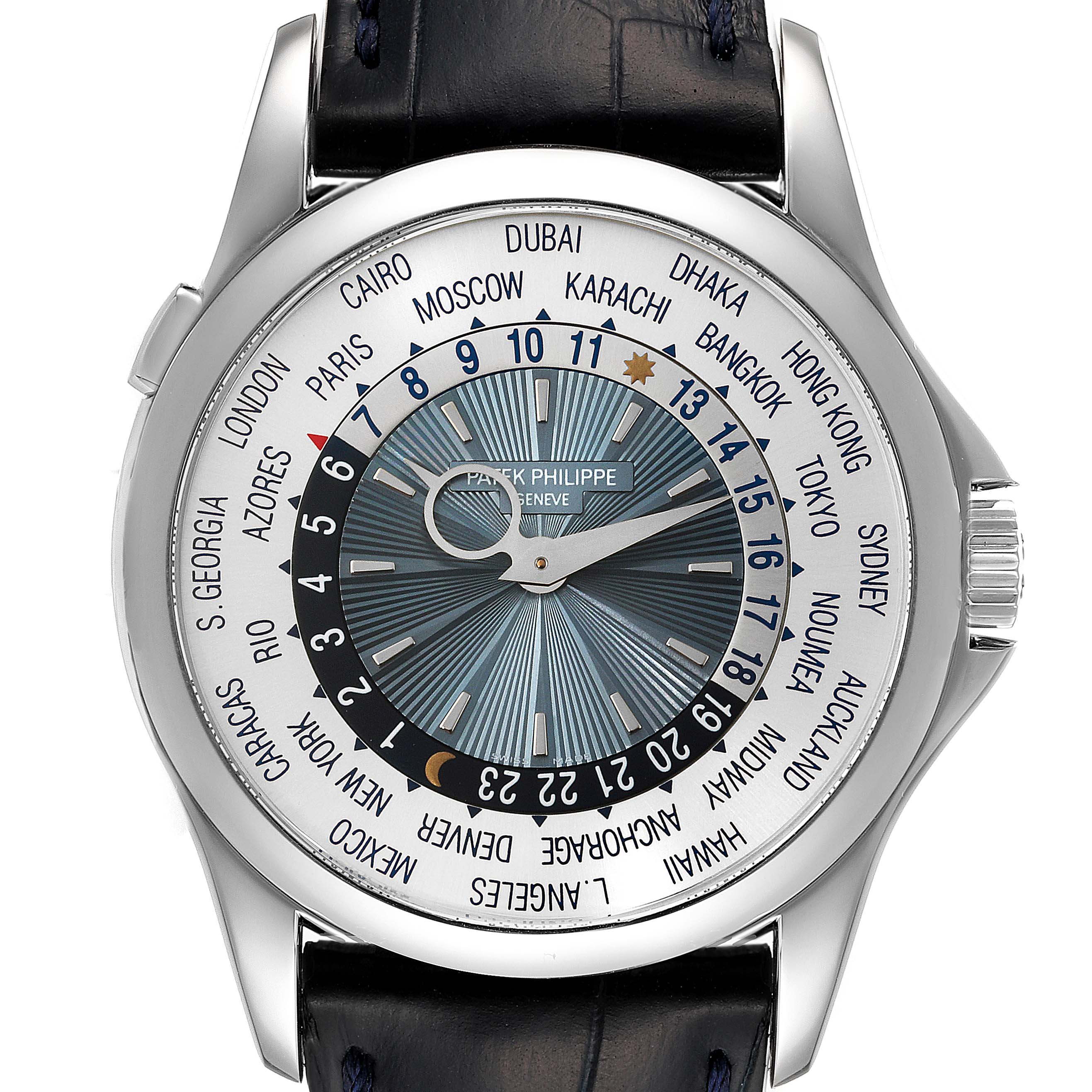 The image shows a front view of the Patek Philippe Complications 5130P-001 Men's Platinum Silver Dial 5130P-001 Men's Platinum Silver Dial model, highlighting the dial with multiple time zone markings.