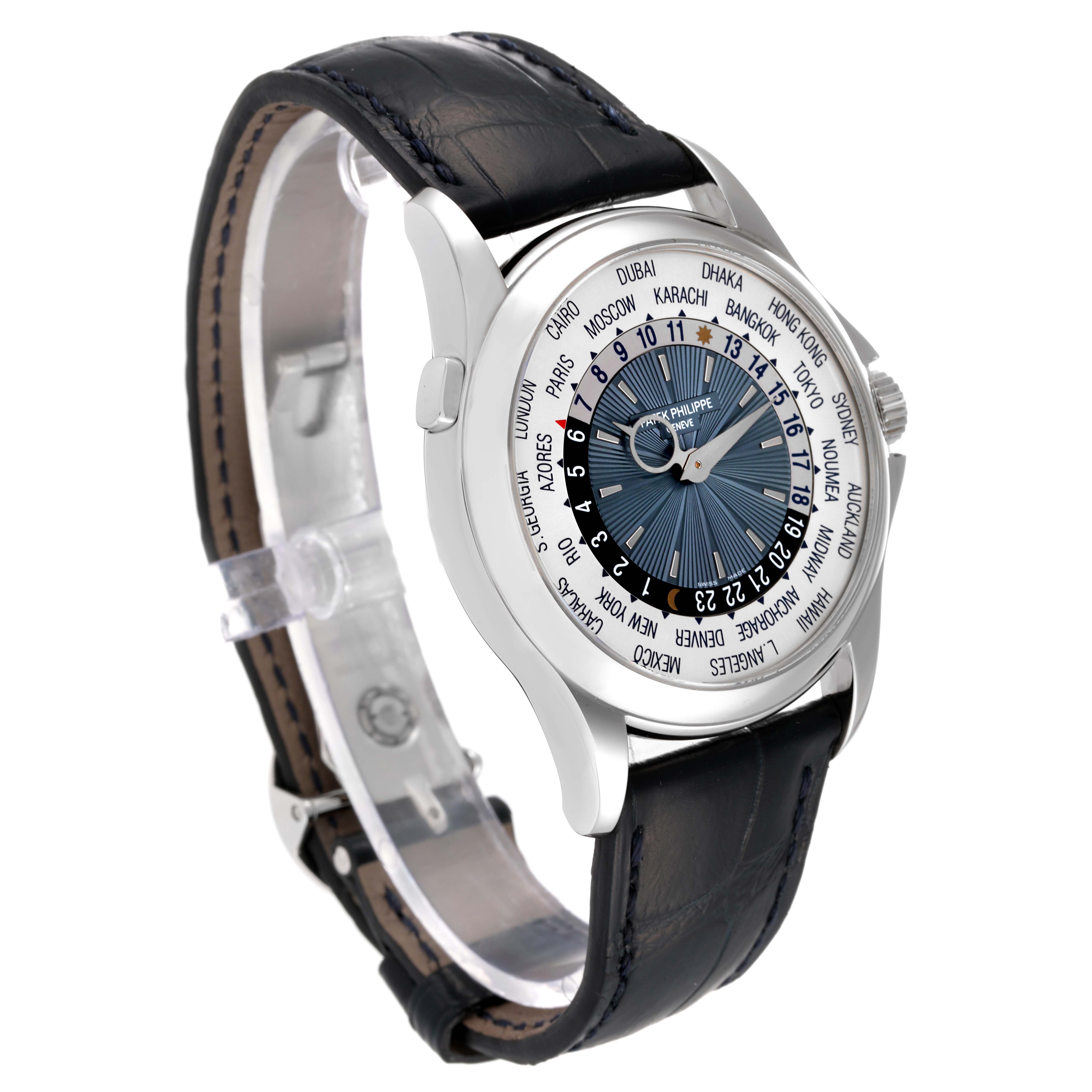 The image shows a Patek Philippe Complications 5130P-001 Men's Platinum Silver Dial 5130P-001 Men's Platinum Silver Dial model from a 3/4 view, highlighting the dial, bezel, and leather strap.