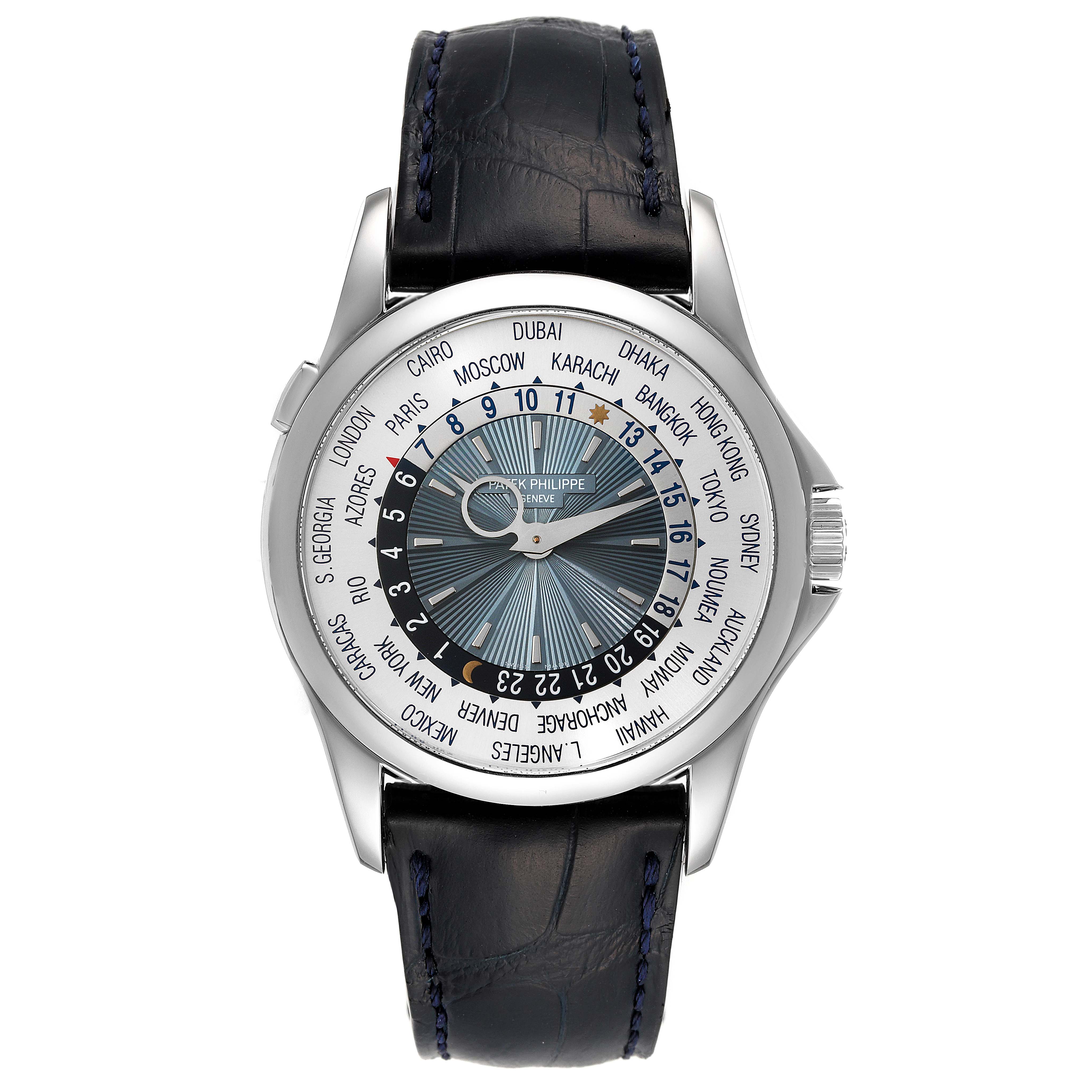 The image shows a Patek Philippe Complications 5130P-001 Men's Platinum Silver Dial 5130P-001 Men's Platinum Silver Dial watch with a world time dial and a black leather strap from a front angle.