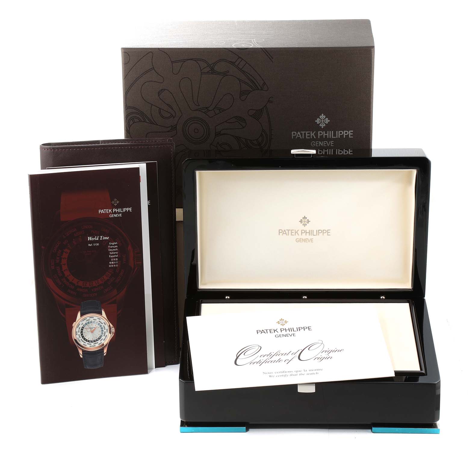The image shows the packaging, open box, certificate, and booklet for the Patek Philippe Complications 5130P-001 Men's Platinum Silver Dial 5130P-001 Men's Platinum Silver Dial watch model.