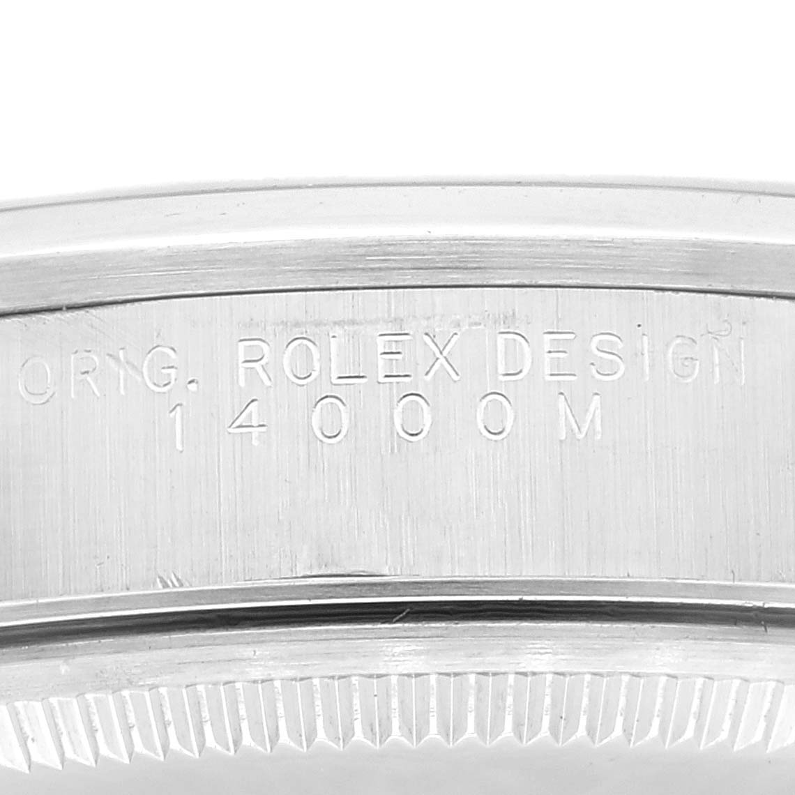The image shows a close-up of the case side of a Rolex Air-King 14000 Men's Stainless Steel Silver Dial 14000 Men's Stainless Steel Silver Dial, highlighting the model number "14000M."