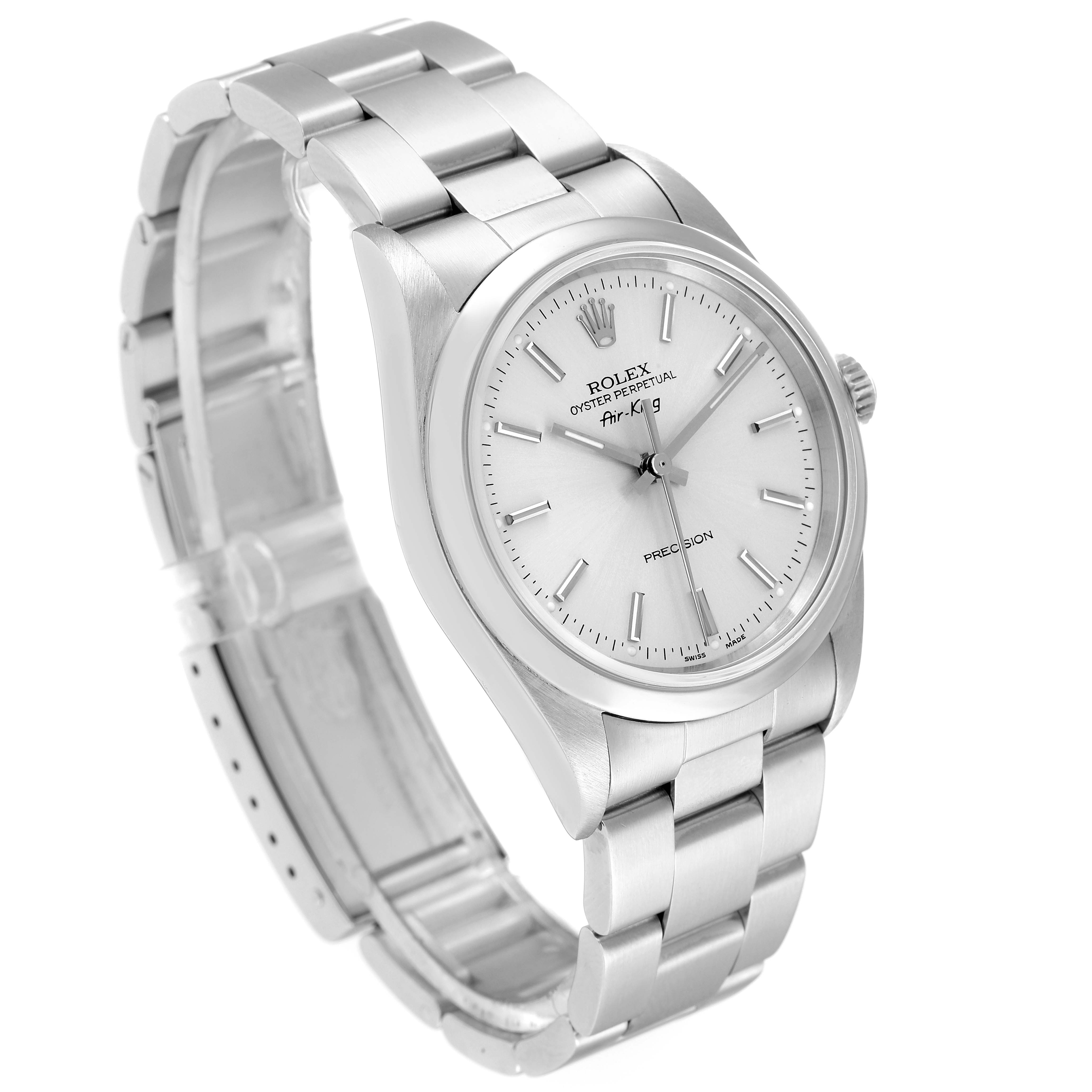 The image shows a Rolex Air-King 14000 Men's Stainless Steel Silver Dial 14000 Men's Stainless Steel Silver Dial watch from an angled viewpoint, displaying the dial, case, and metal bracelet clearly.