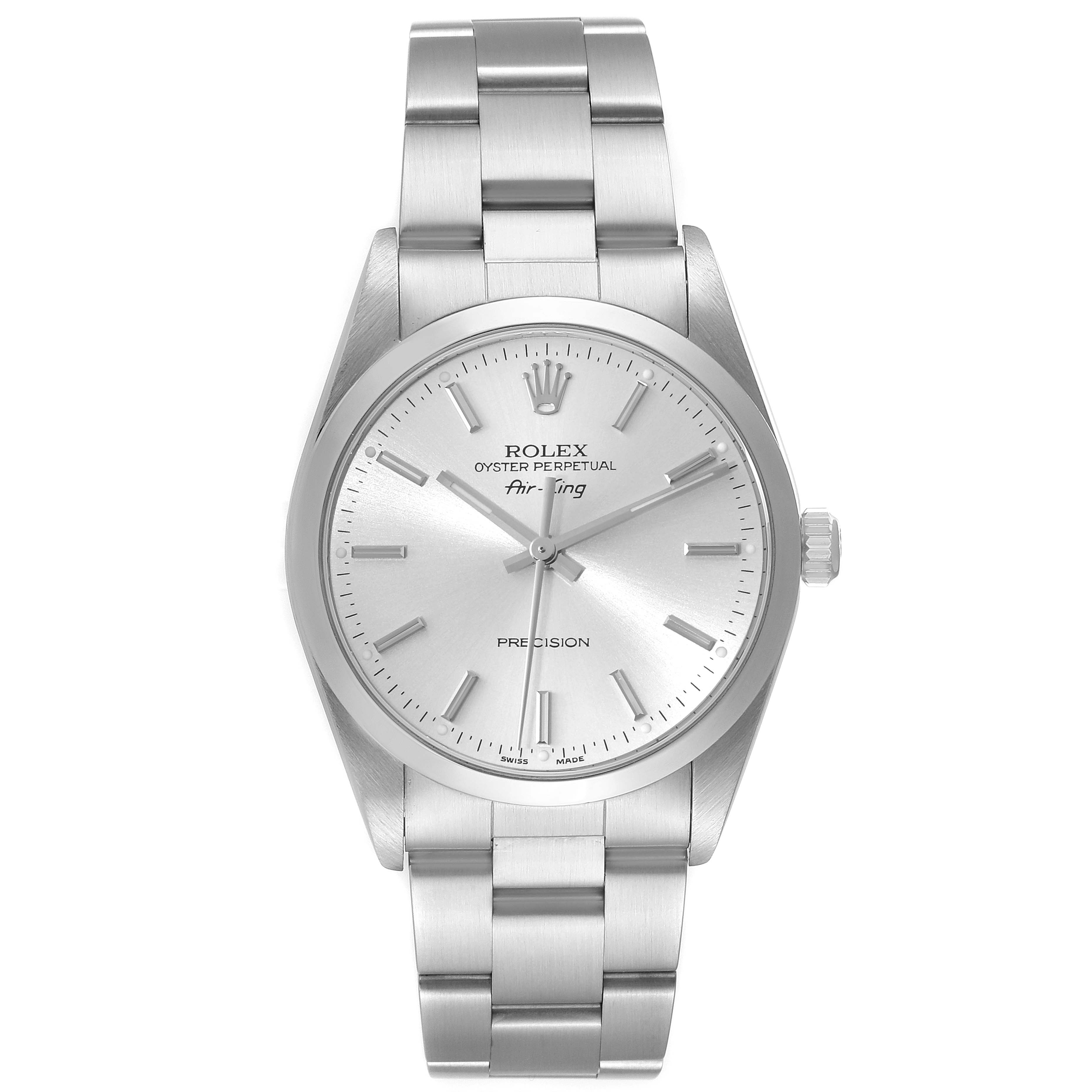 The image shows a front view of a Rolex Air-King 14000 Men's Stainless Steel Silver Dial 14000 Men's Stainless Steel Silver Dial watch, displaying the dial, hands, and bracelet.