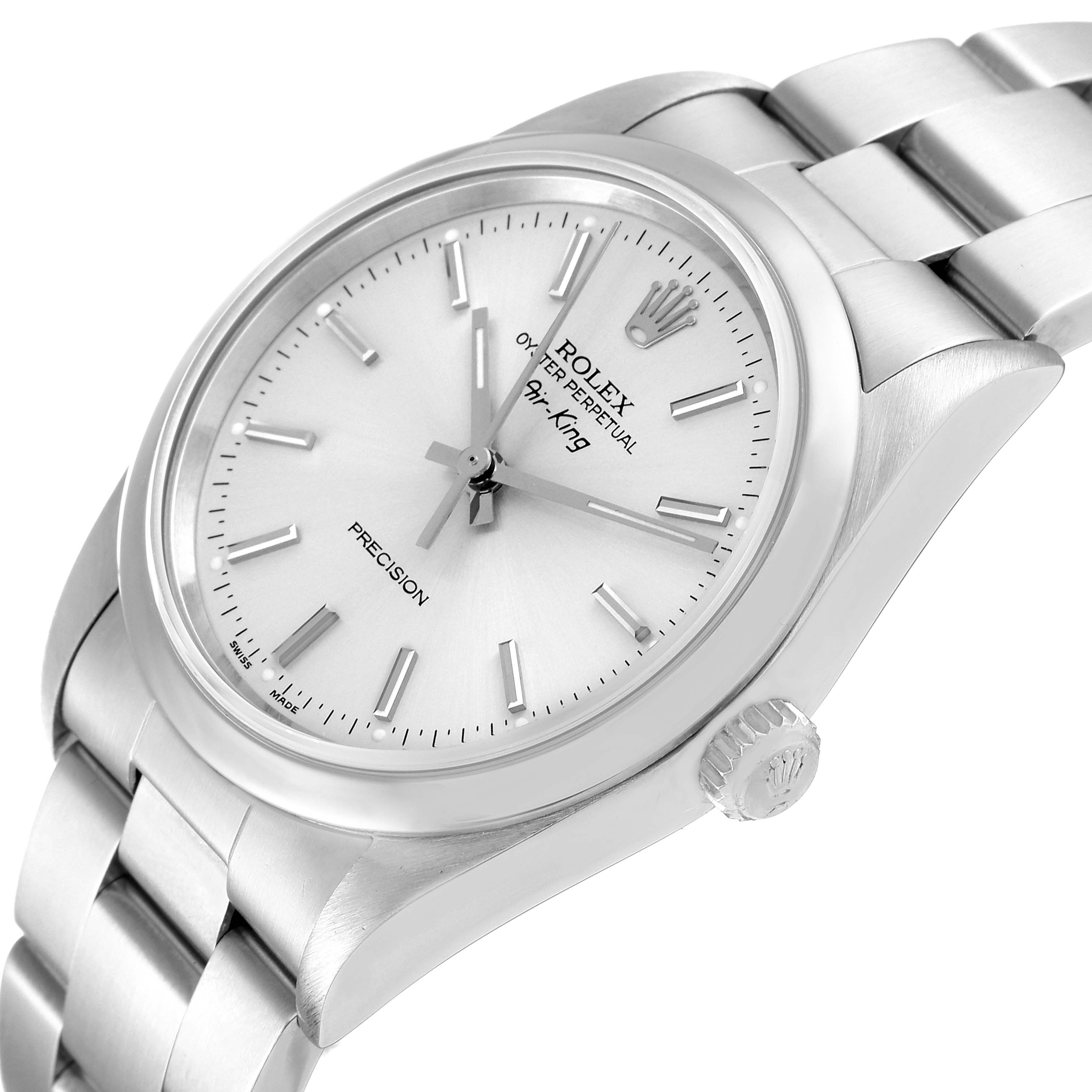 This image shows a close-up, angled view of a Rolex Air-King 14000 Men's Stainless Steel Silver Dial 14000 Men's Stainless Steel Silver Dial watch, highlighting the face, bezel, crown, and part of the bracelet.