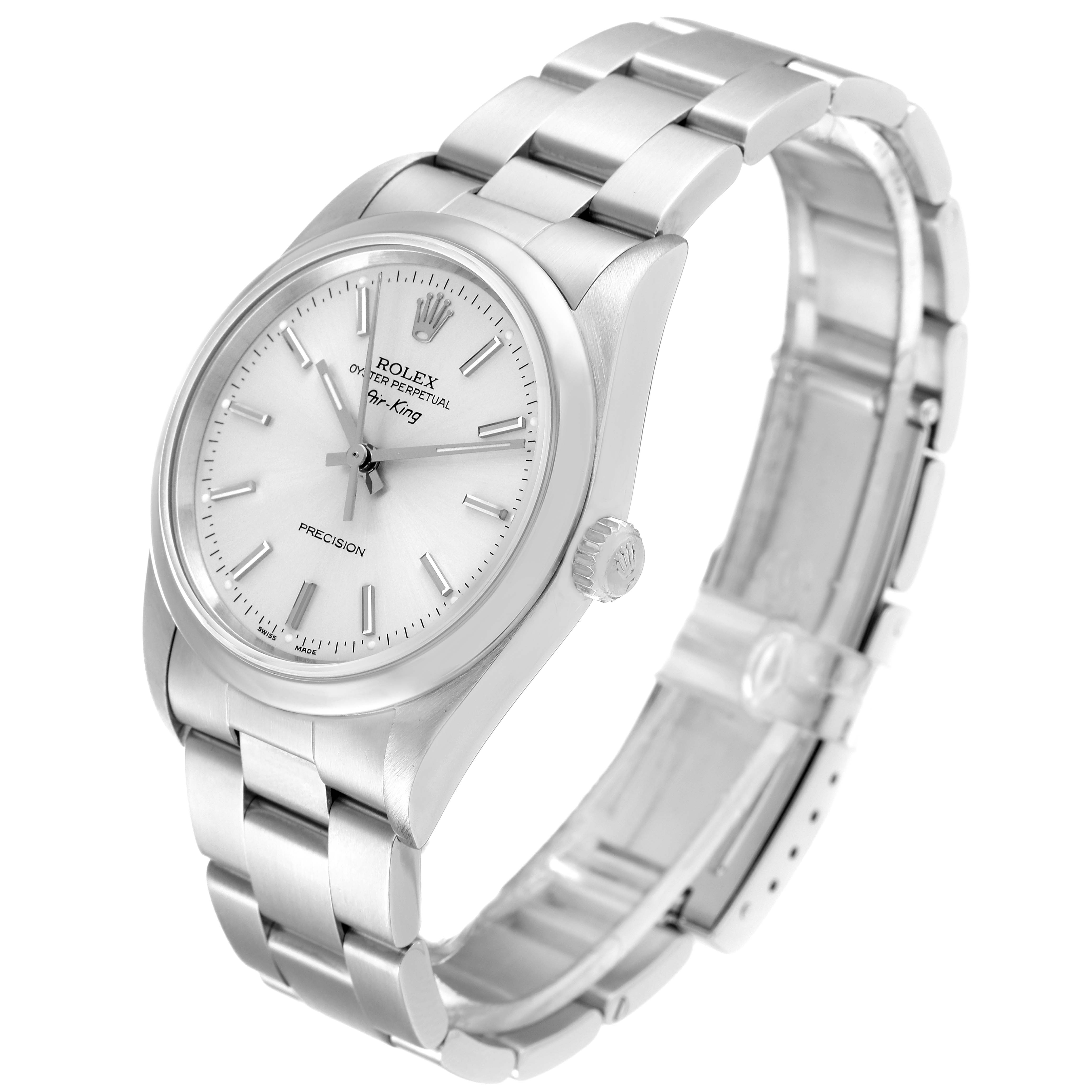 The Rolex Air-King 14000 Men's Stainless Steel Silver Dial 14000 Men's Stainless Steel Silver Dial watch is shown from an angled side view, displaying its face, crown, and metal bracelet.