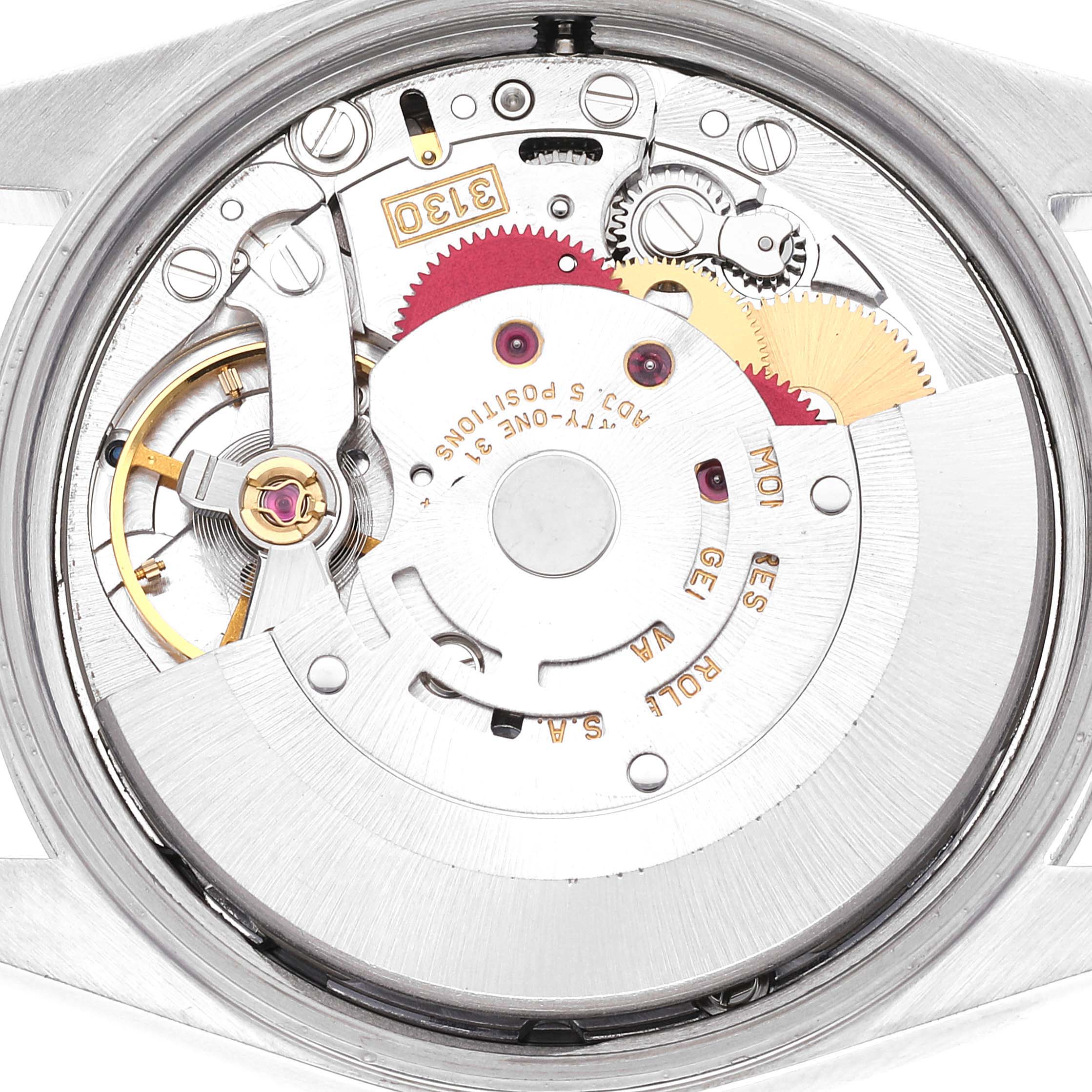 This image shows an internal view of the Rolex Air-King 14000 Men's Stainless Steel Silver Dial 14000 Men's Stainless Steel Silver Dial model, specifically the movement mechanism and its components.
